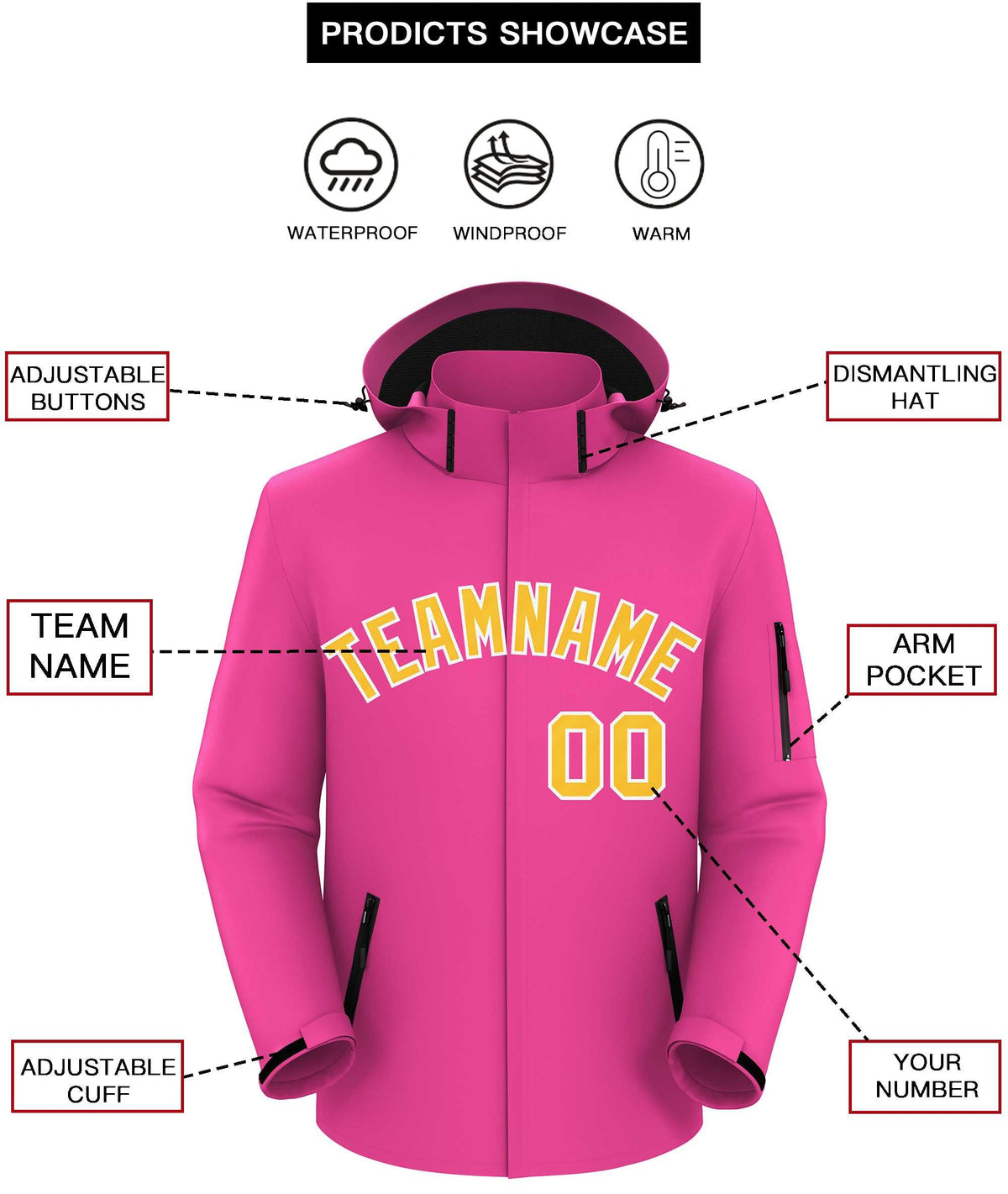 Custom Pink Gold-White Classic Style Waterproof Jacket