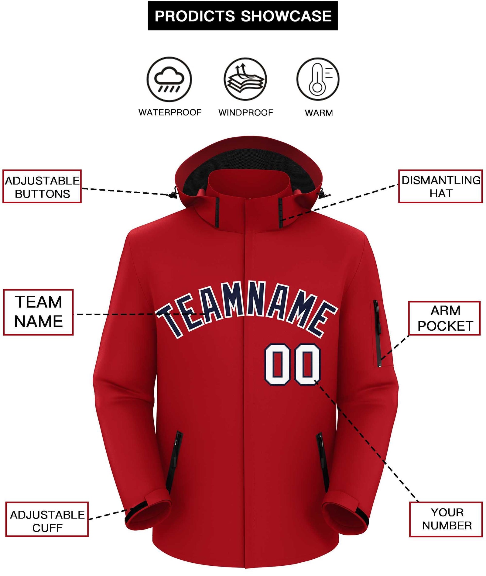 Custom Red Navy-White Classic Style Waterproof Jacket