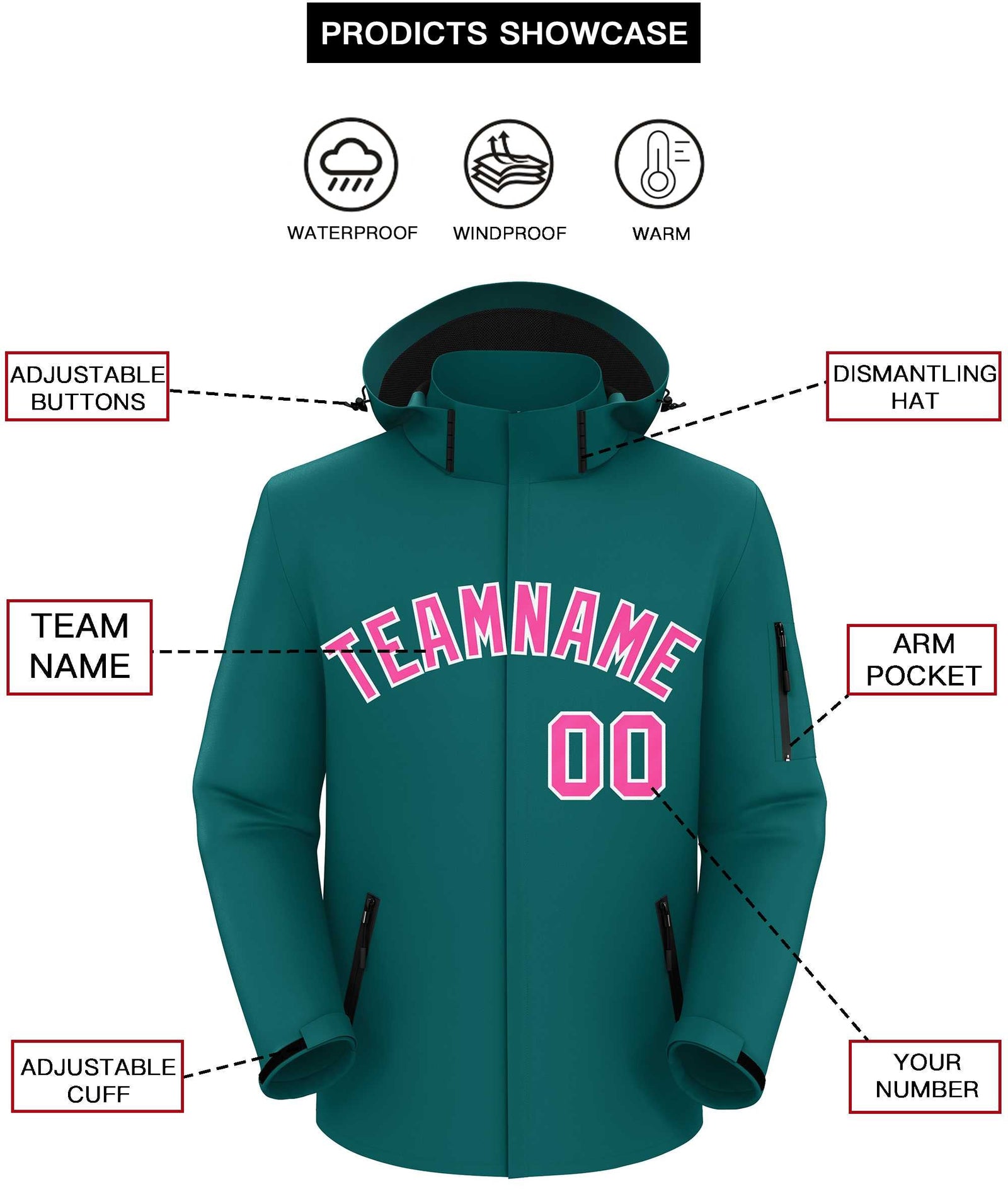 Custom Teal Pink-White Classic Style Waterproof Jacket