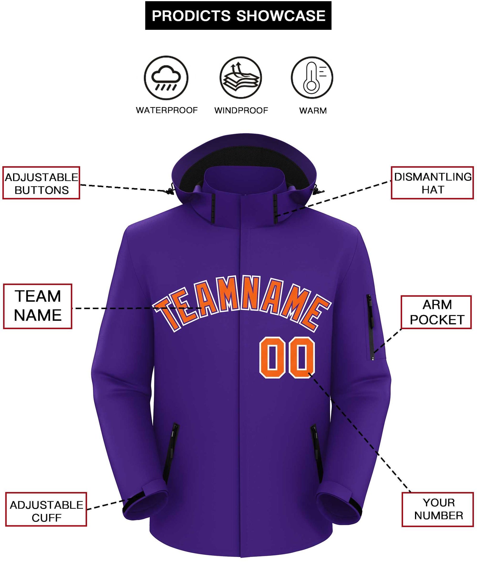 Custom Purple Orange-White Classic Style Waterproof Jacket