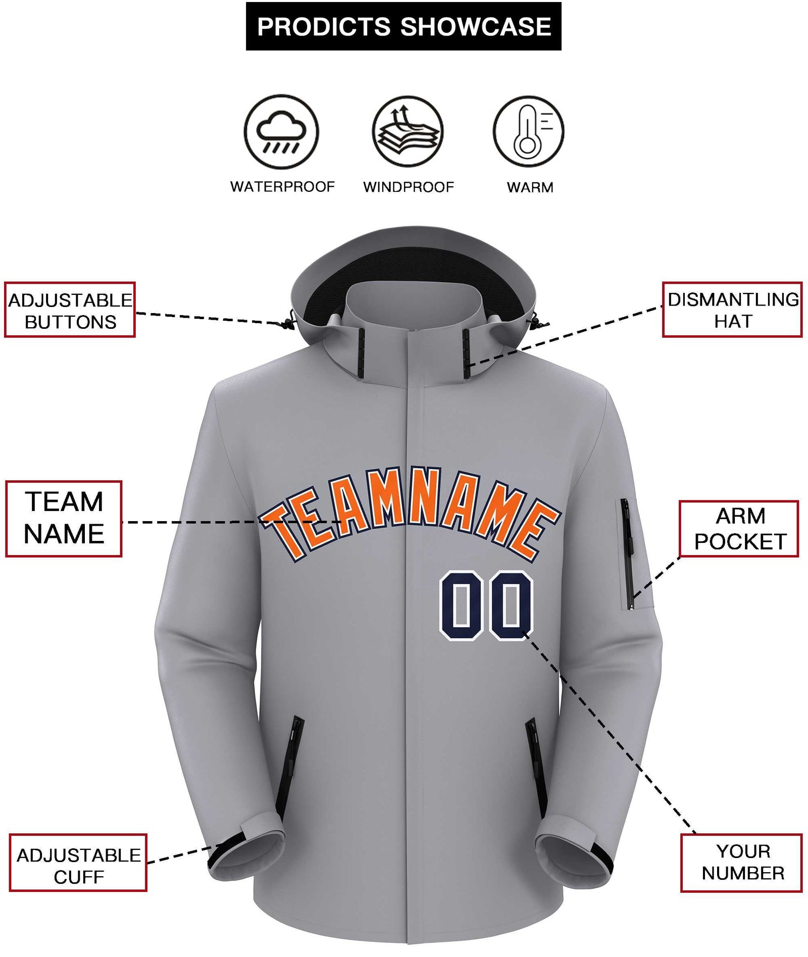 Custom Gray Orange-Navy Classic Style Waterproof Jacket
