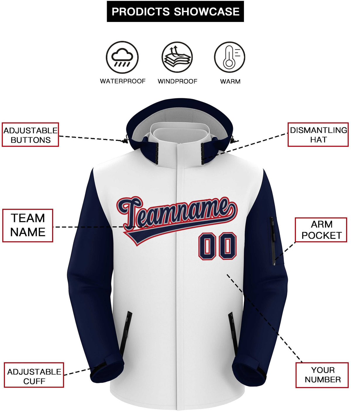 Custom White Navy-Red Raglan Sleeves Waterproof Jacket