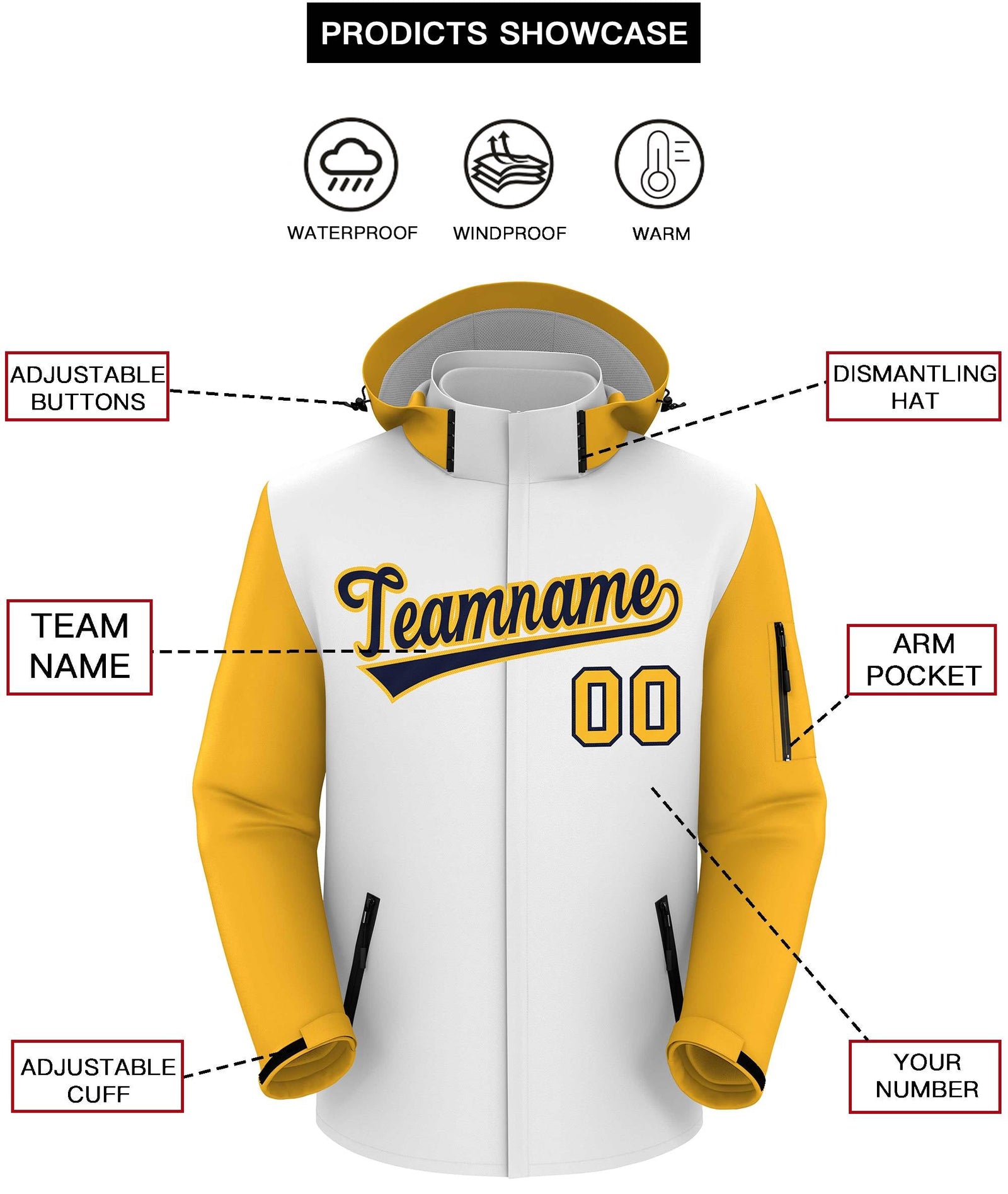 Custom White Gold-Navy Raglan Sleeves Waterproof Jacket