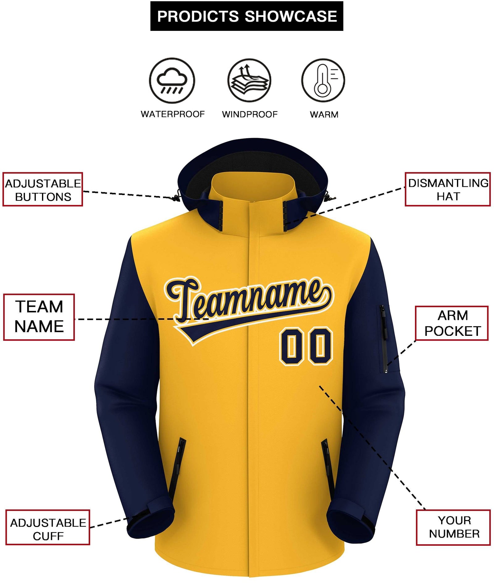 Custom Gold Navy-White Raglan Sleeves Waterproof Jacket