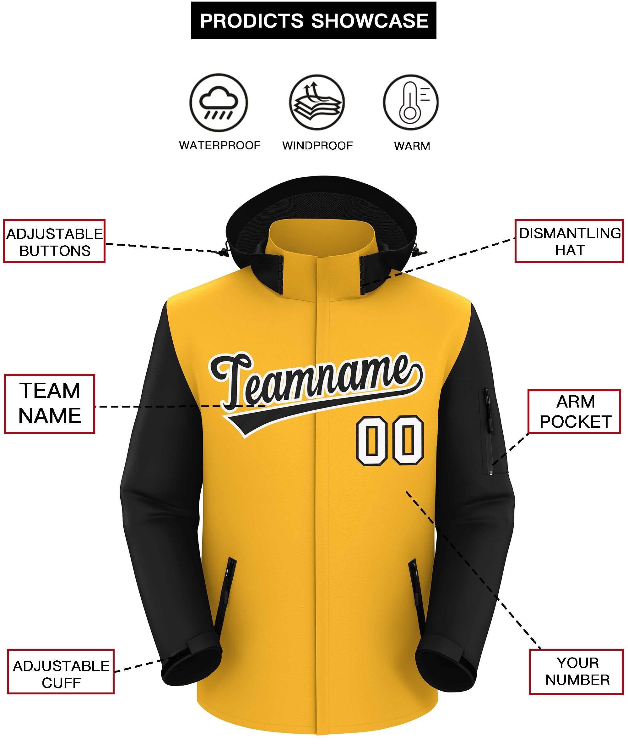 Custom Gold Black-White Raglan Sleeves Waterproof Jacket