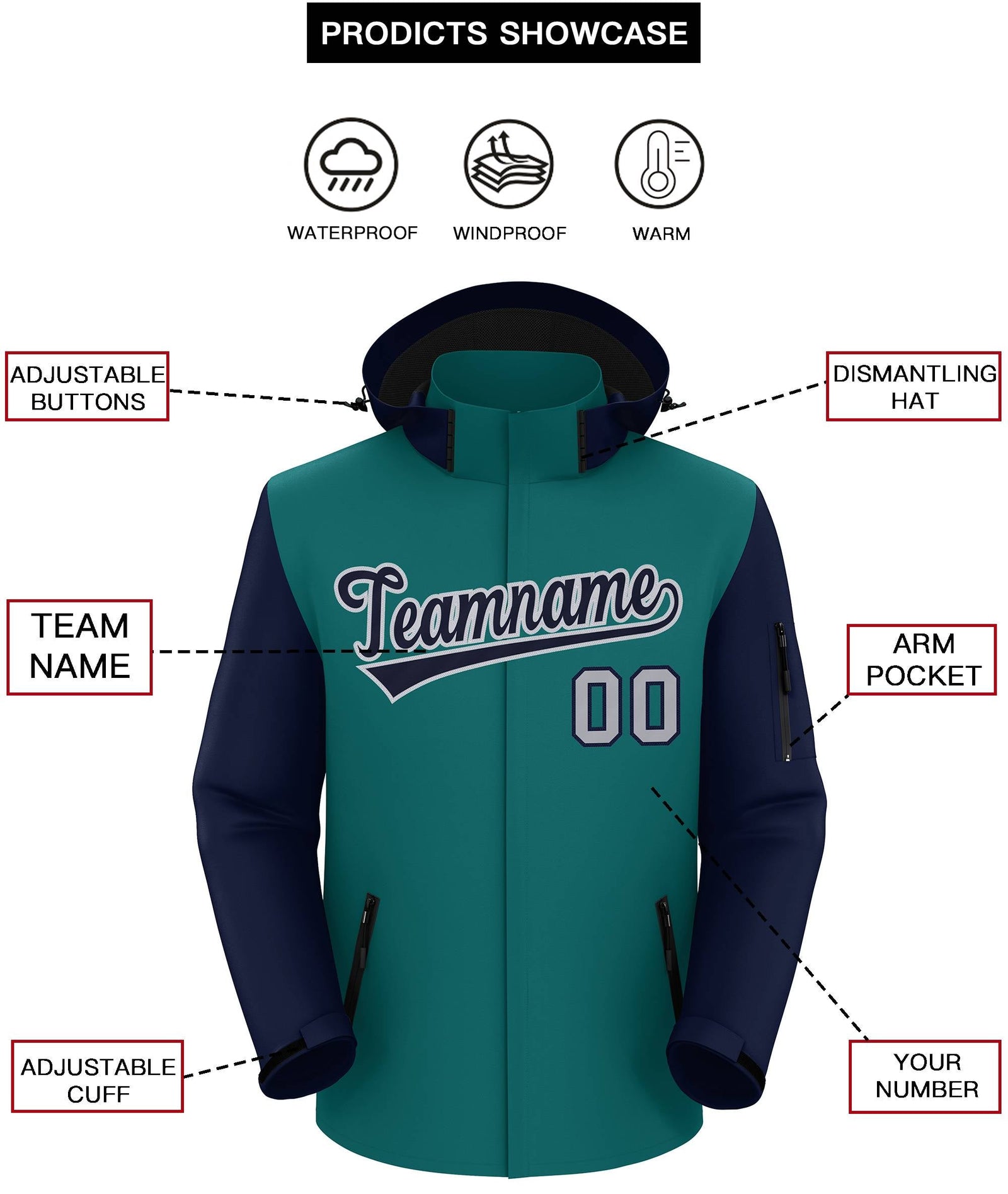 Custom Teal Navy-Gray Raglan Sleeves Waterproof Jacket