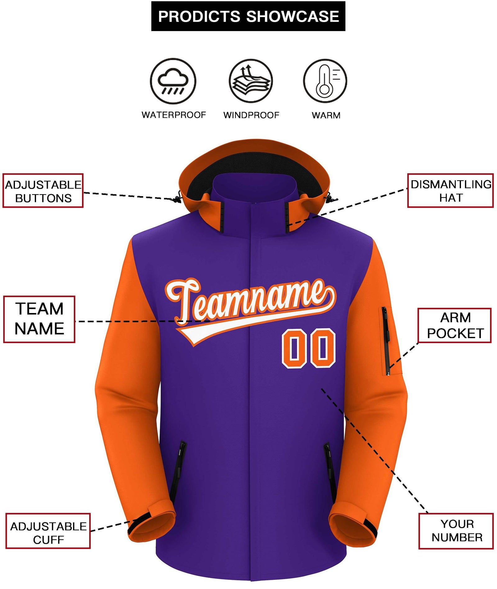 Custom Purple Orange-White Raglan Sleeves Waterproof Jacket