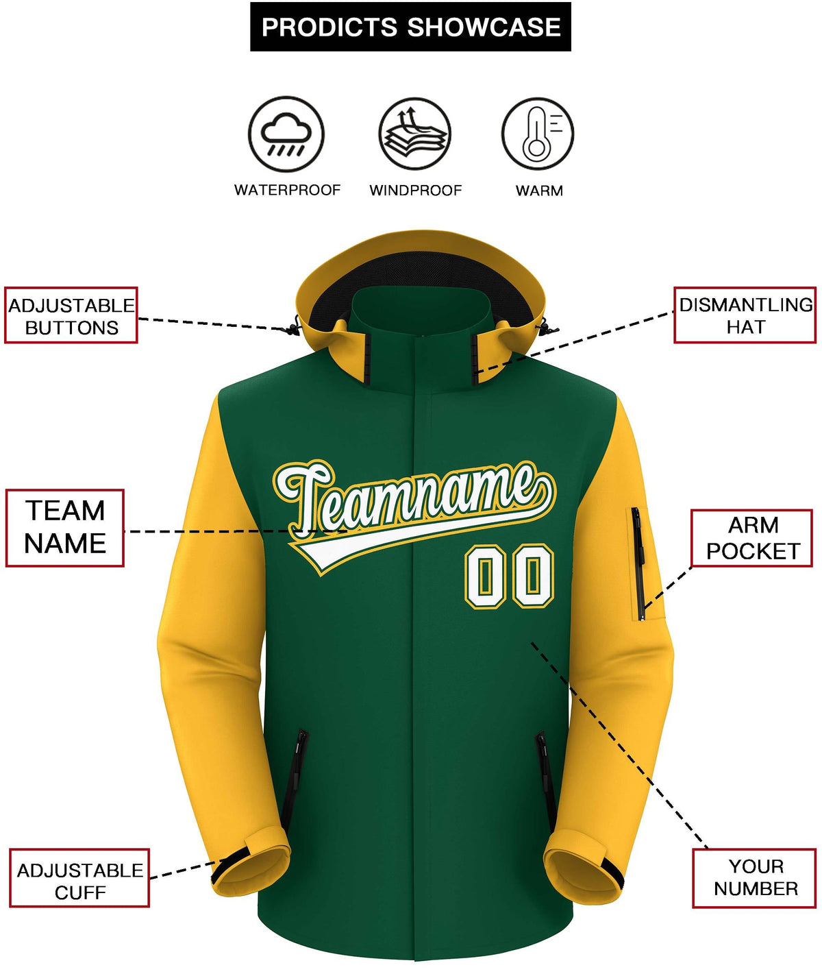 Custom Green Gold-White Raglan Sleeves Waterproof Jacket