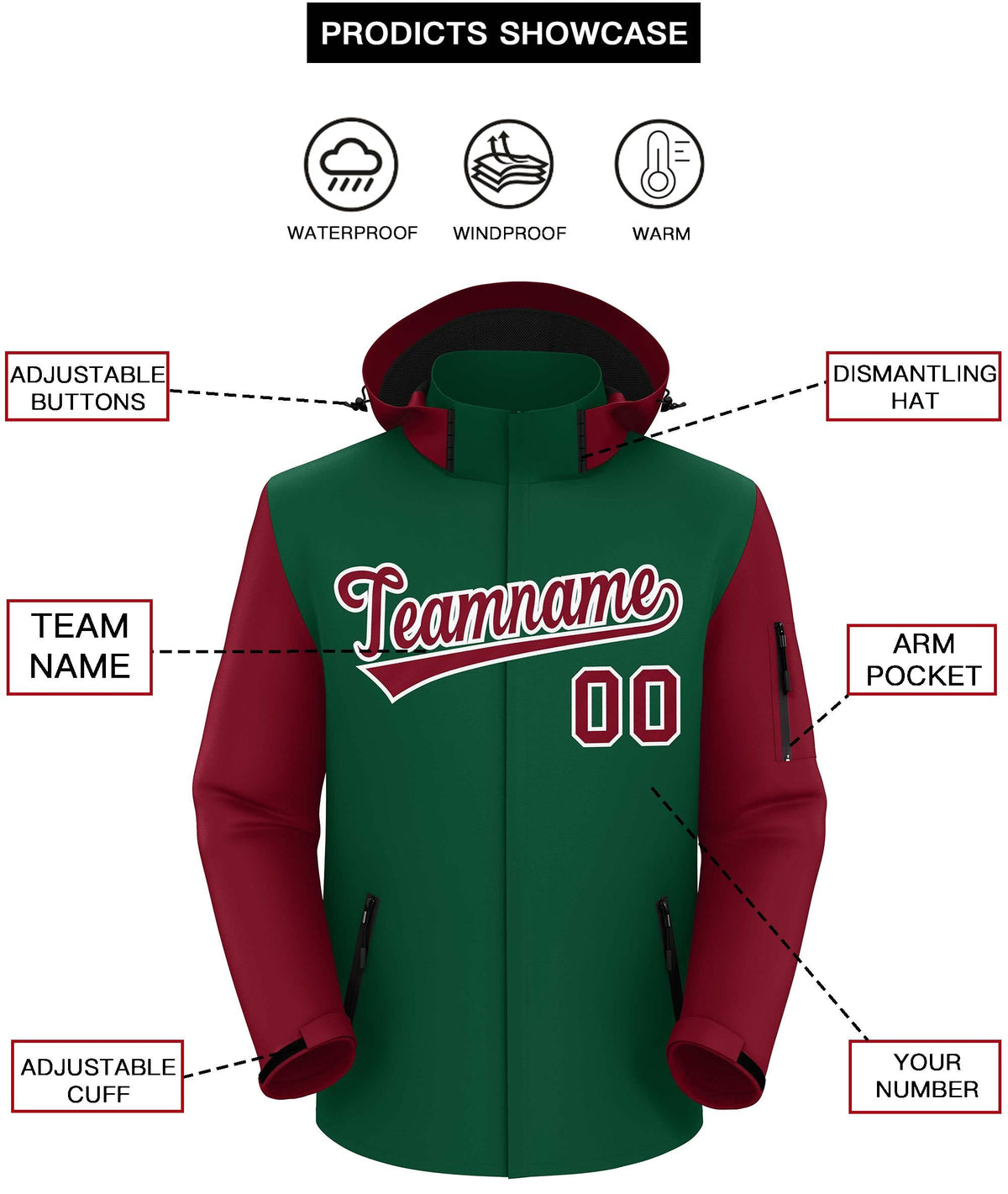 Custom Green Crimson-White Raglan Sleeves Waterproof Jacket
