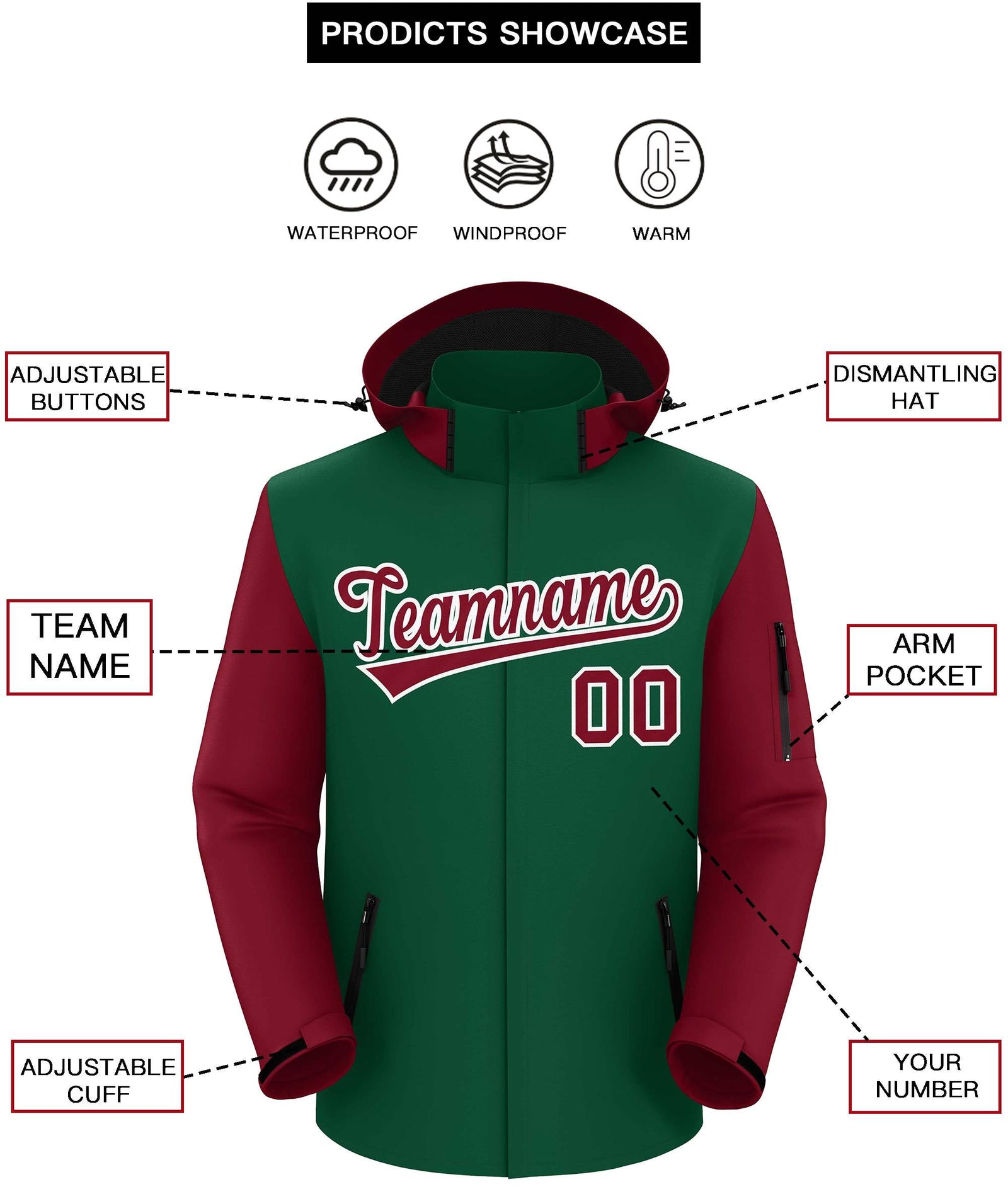 Custom Green Crimson-White Raglan Sleeves Waterproof Jacket