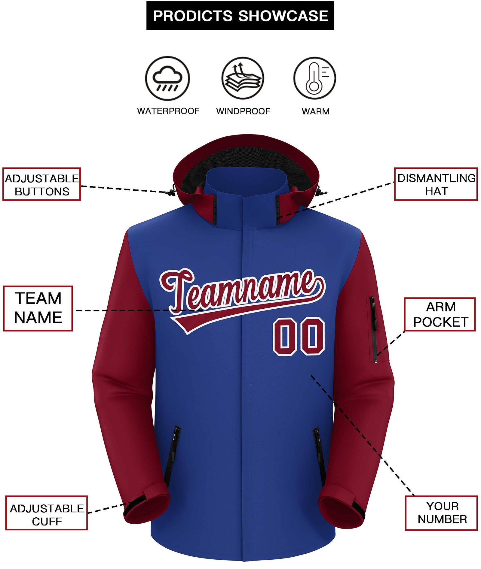 Custom Royal Crimson-White Raglan Sleeves Waterproof Jacket