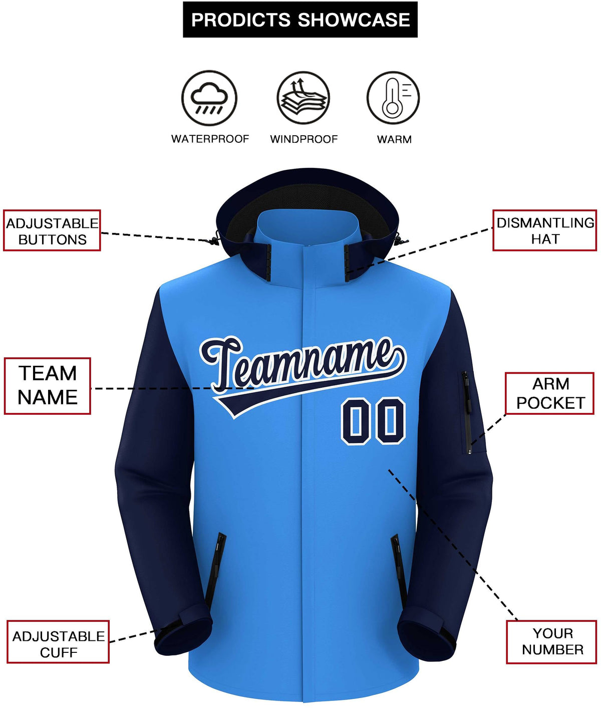 Custom Powder Blue Navy-White Raglan Sleeves Waterproof Jacket