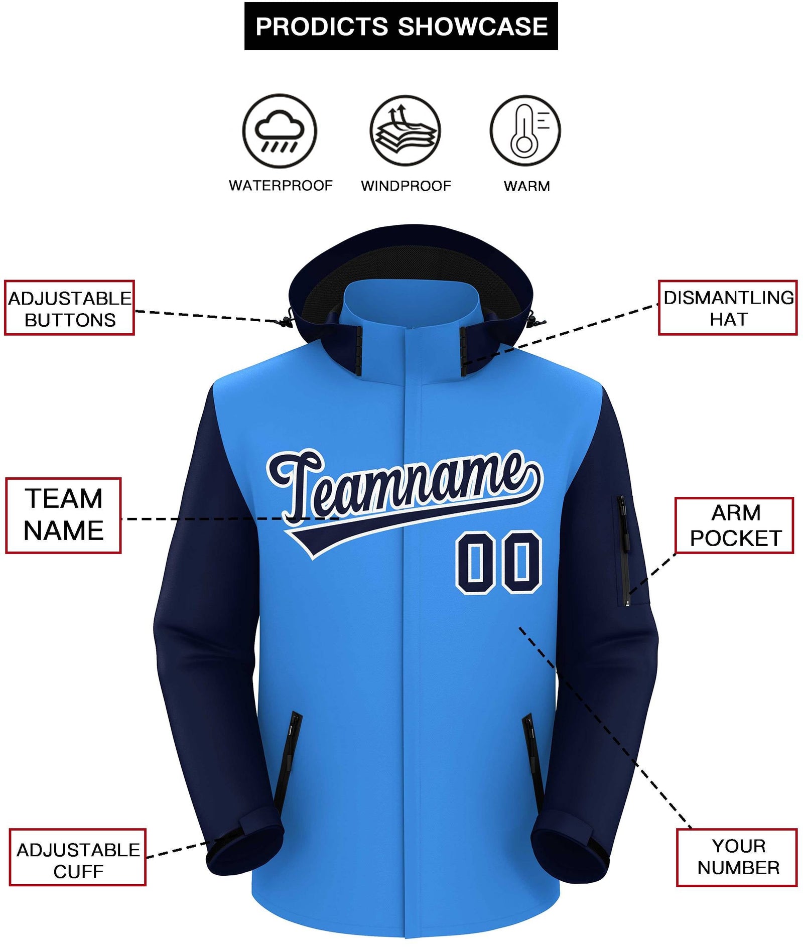 Custom Powder Blue Navy-White Raglan Sleeves Waterproof Jacket