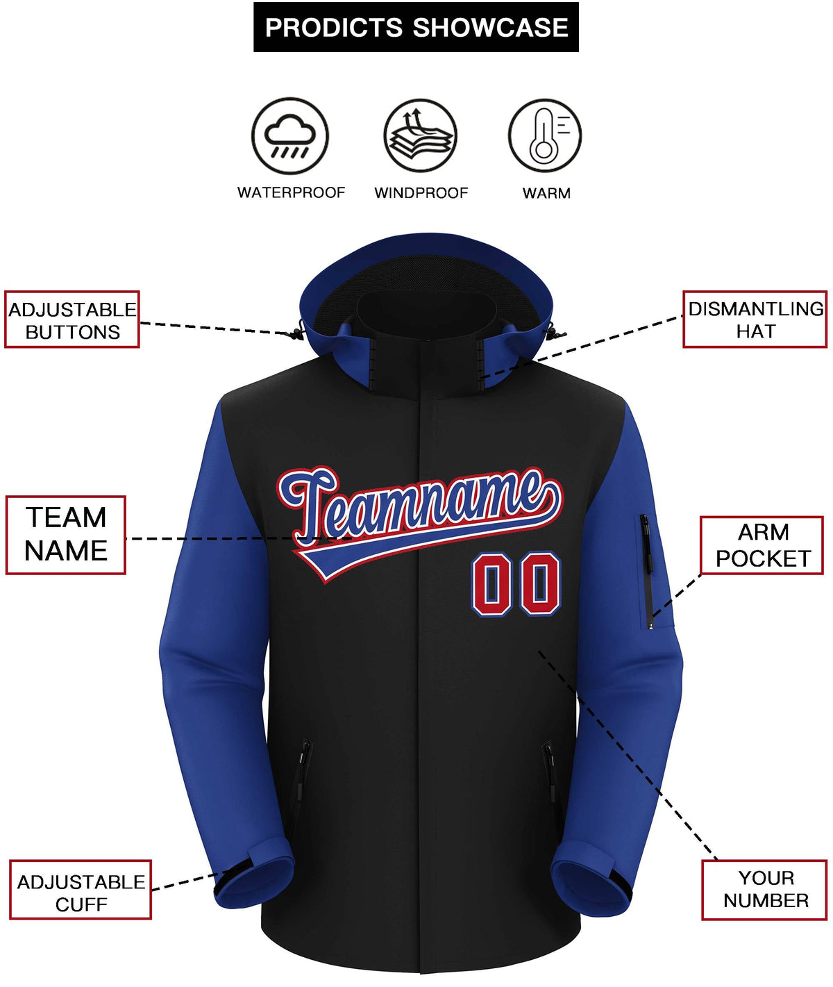 Custom Black Royal-Red Raglan Sleeves Waterproof Jacket