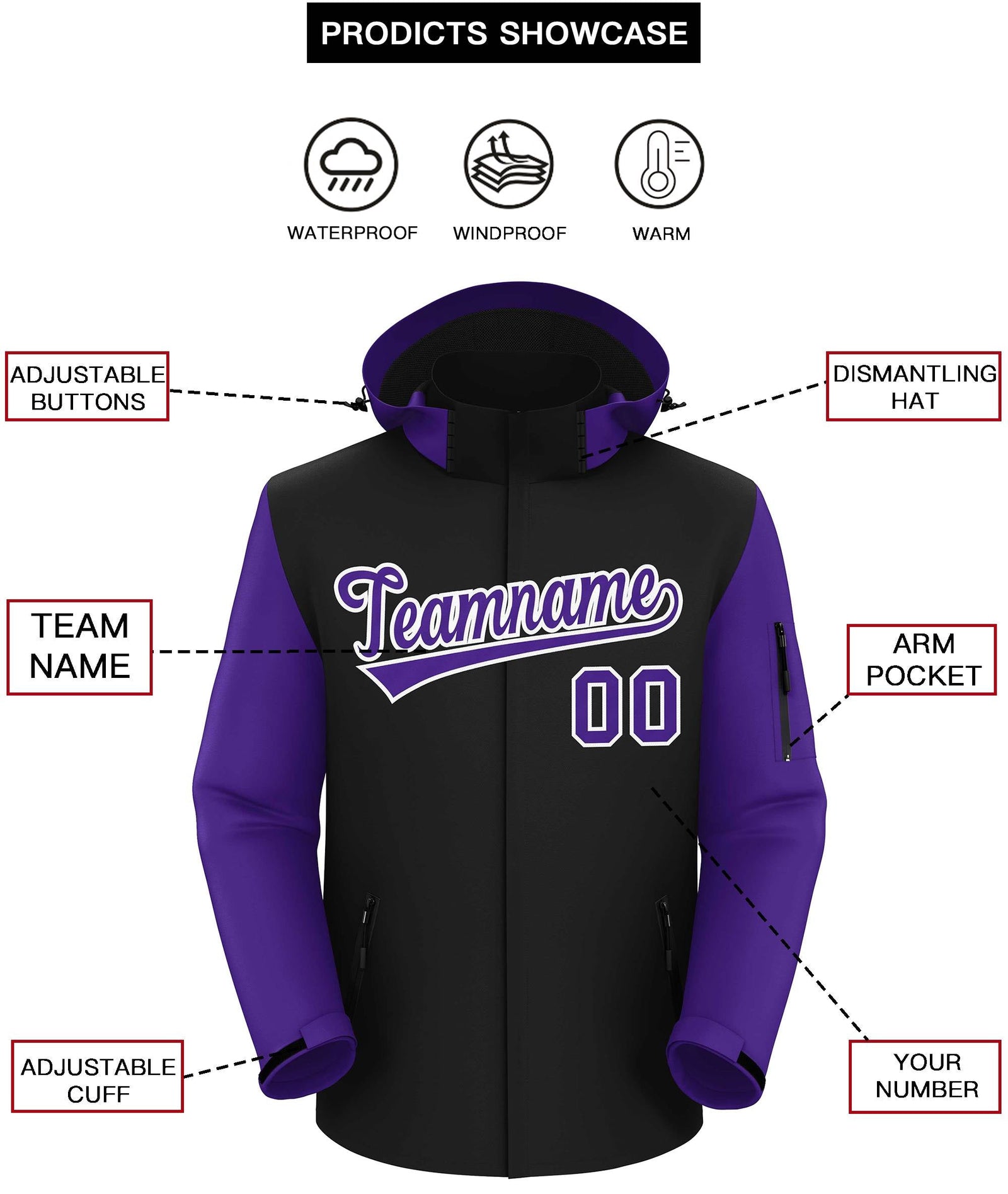 Custom Black Purple-White Raglan Sleeves Waterproof Jacket