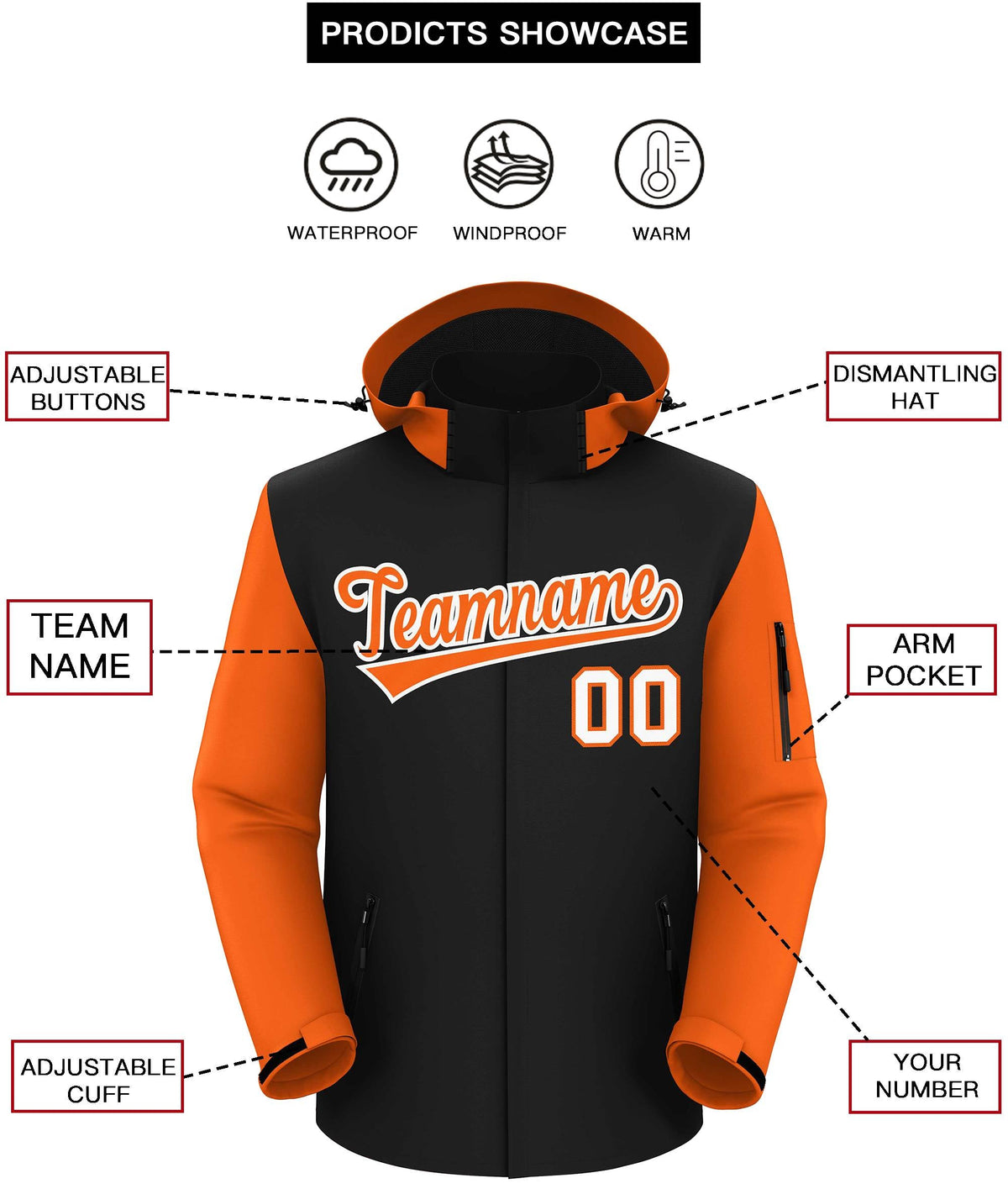 Custom Black Orange-White Raglan Sleeves Waterproof Jacket