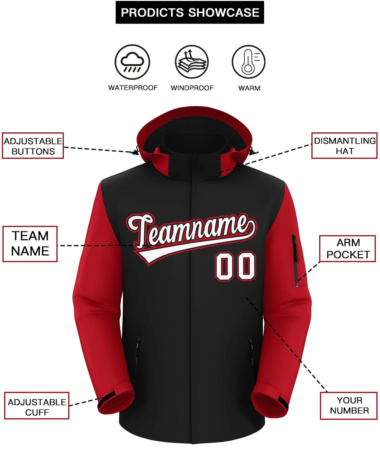 Custom Black Red-White Raglan Sleeves Waterproof Jacket