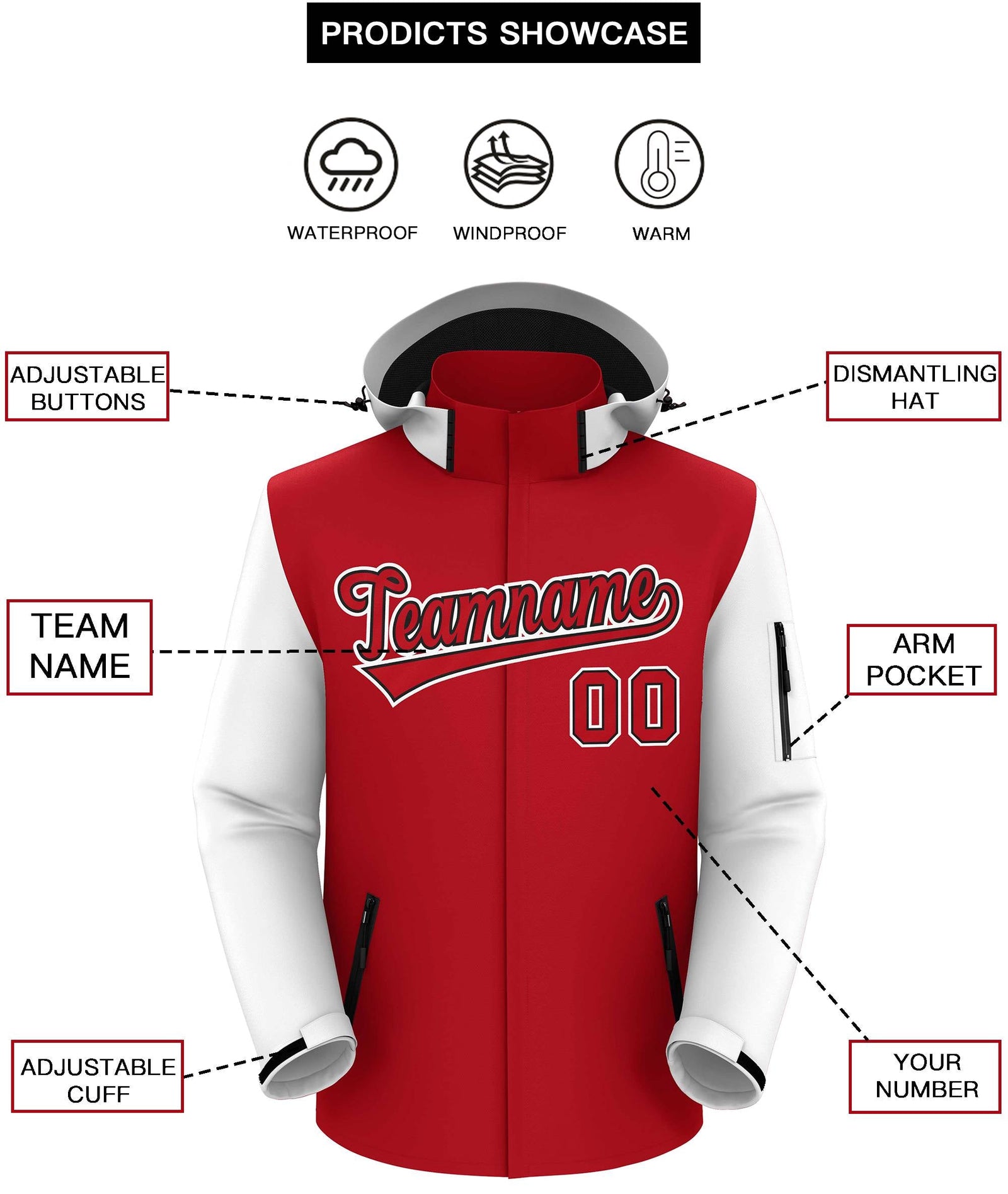 Custom Red White-Black Raglan Sleeves Waterproof Jacket