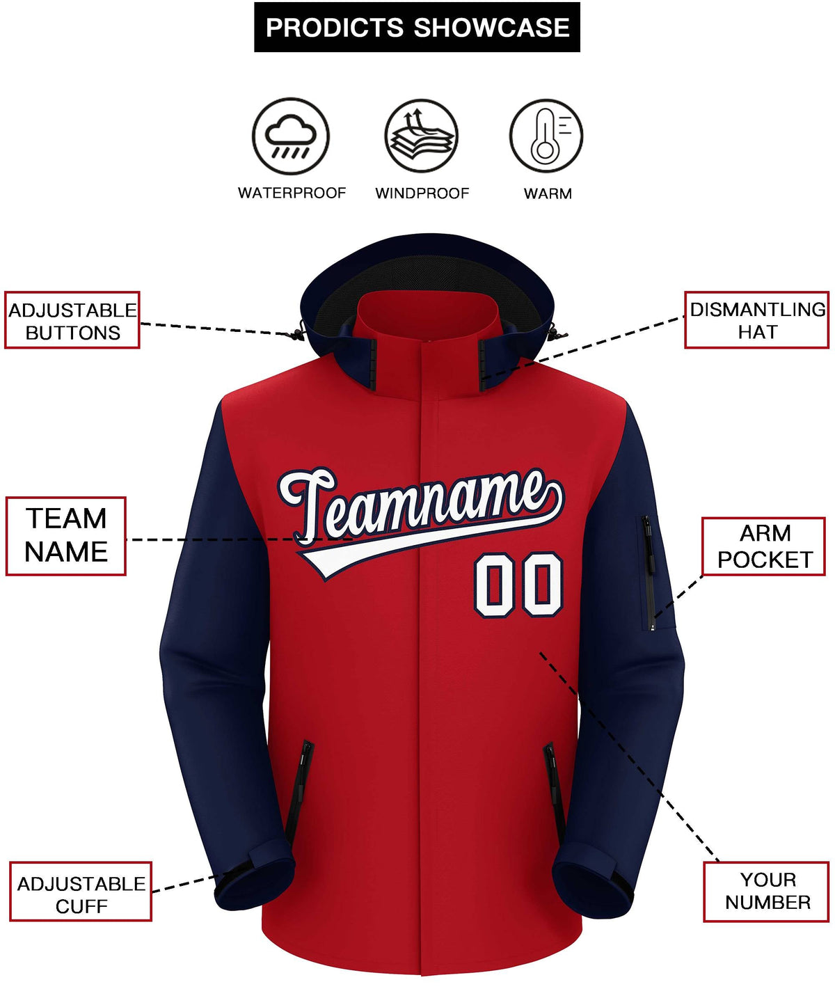 Custom Red Navy-White Raglan Sleeves Waterproof Jacket