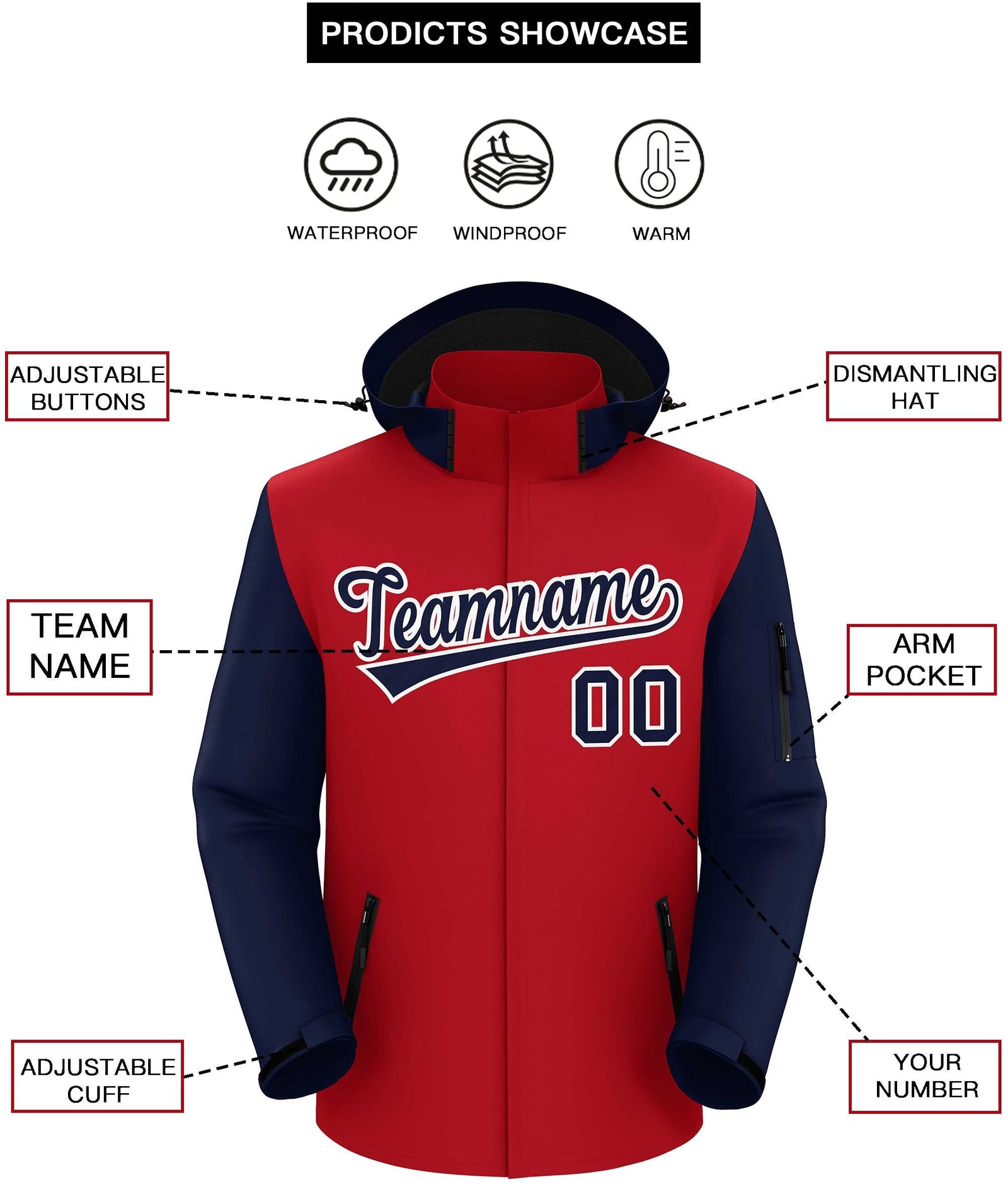 Custom Red Navy-White Raglan Sleeves Waterproof Jacket