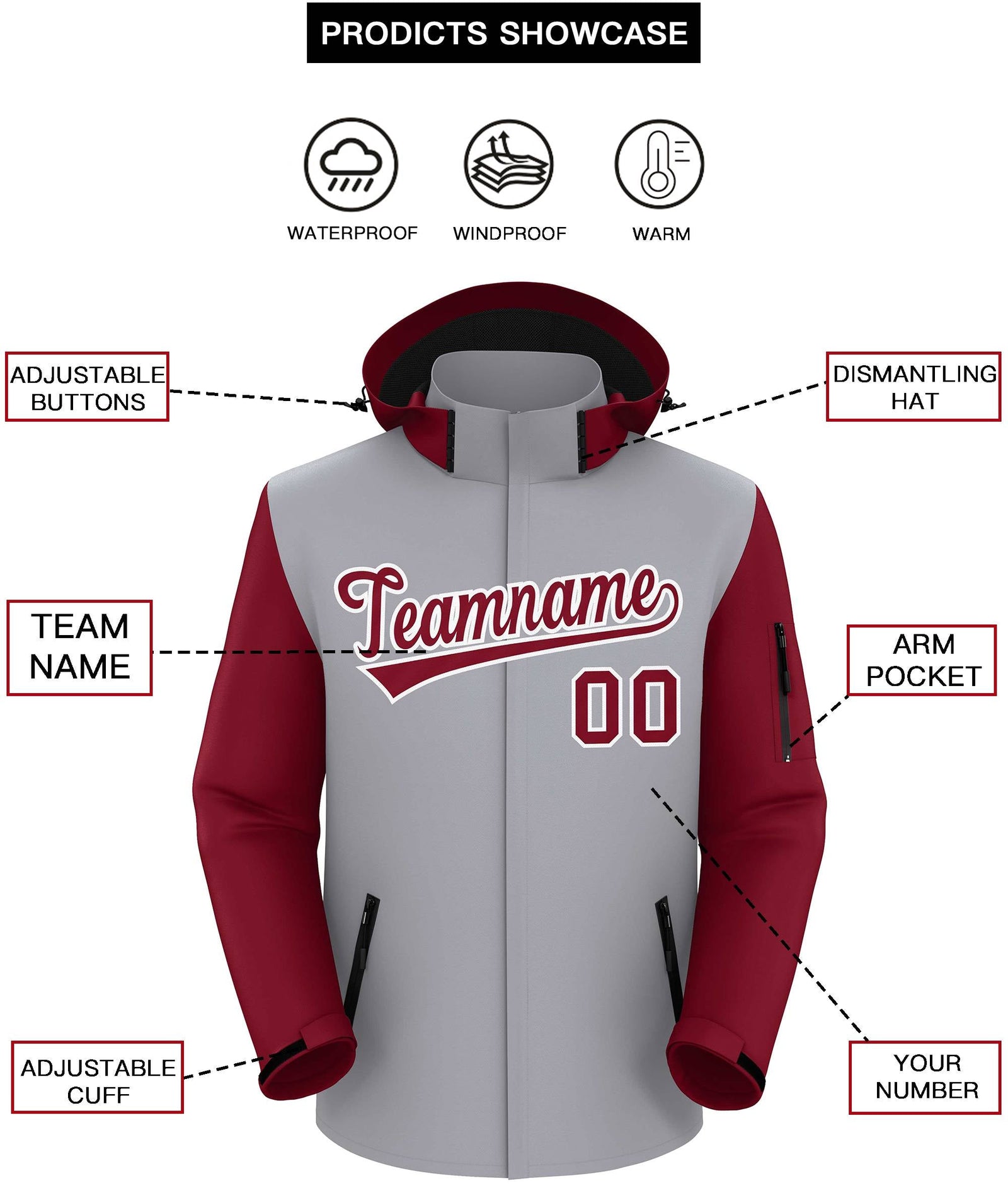 Custom Gray Crimson-White Raglan Sleeves Waterproof Jacket