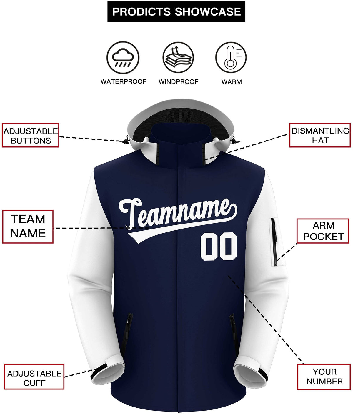 Custom Navy White Raglan Sleeves Waterproof Jacket