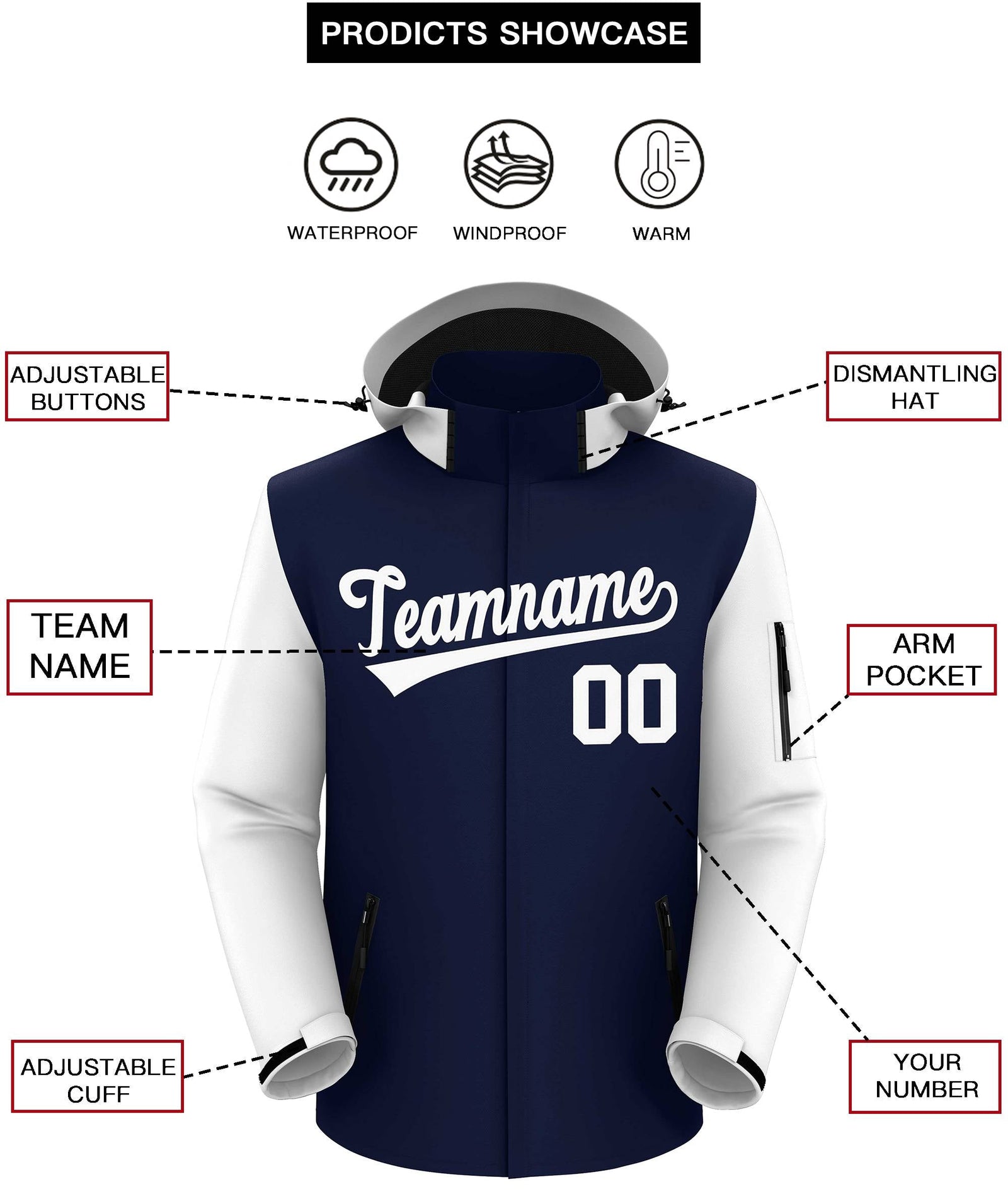 Custom Navy White Raglan Sleeves Waterproof Jacket