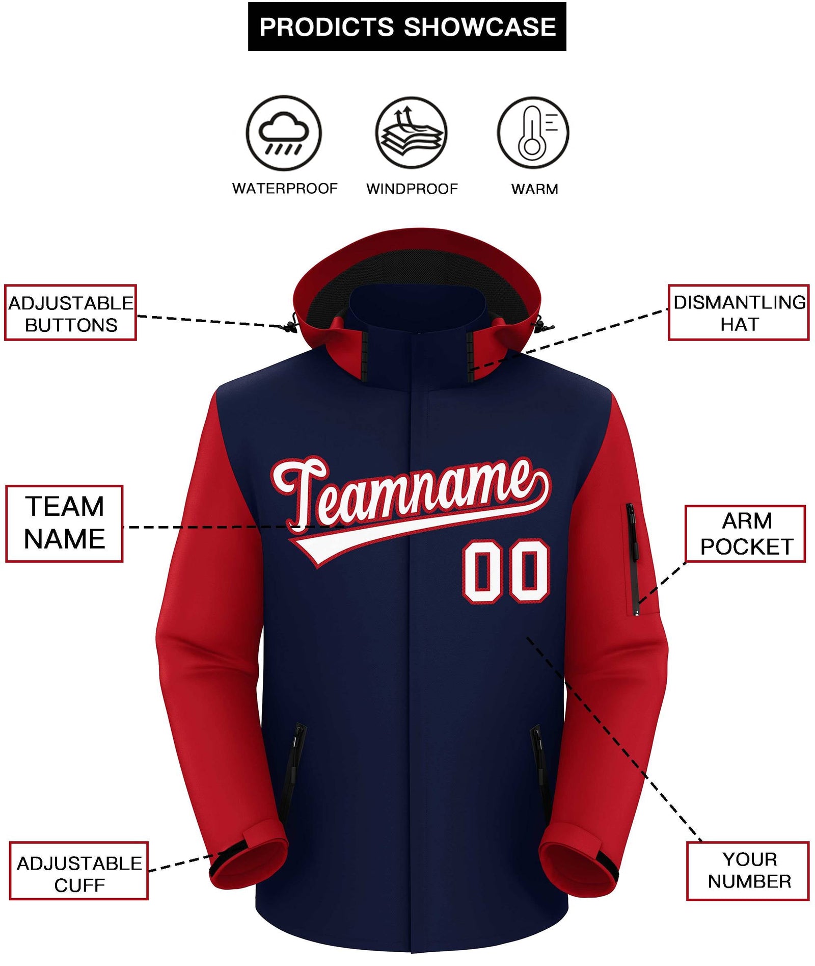 Custom Navy Red-White Raglan Sleeves Waterproof Jacket