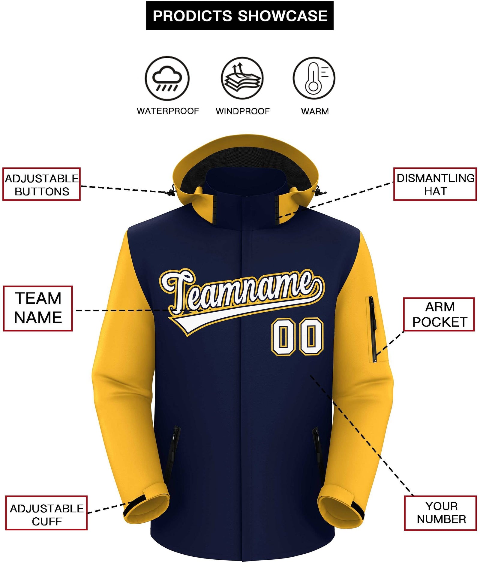 Custom Navy Gold-White Raglan Sleeves Waterproof Jacket