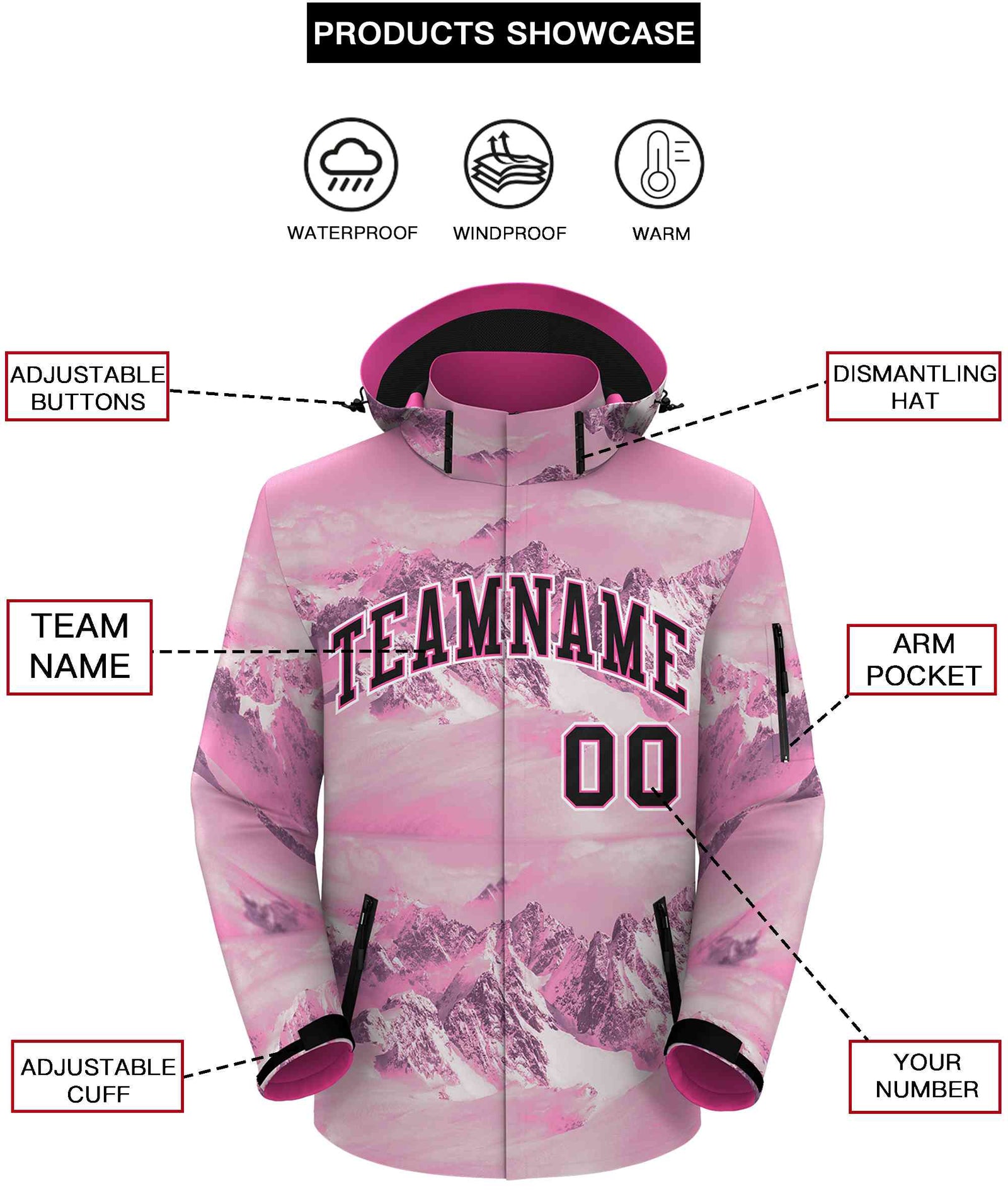 Custom Pink Black-White Graffiti Pattern Outdoor Personalized Waterproof Jacket for Climbing