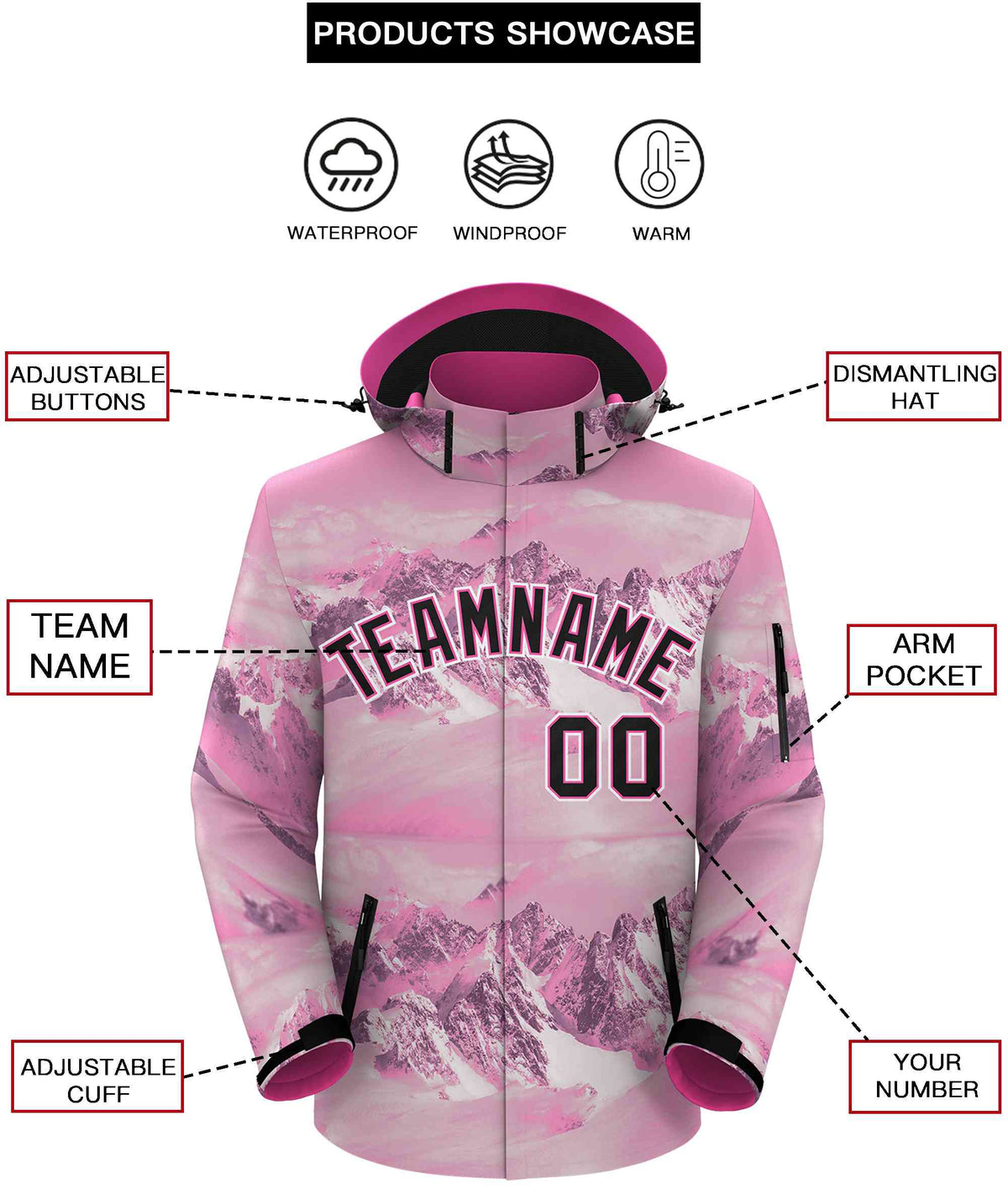 Custom Pink Black-White Graffiti Pattern Outdoor Personalized Waterproof Jacket for Climbing