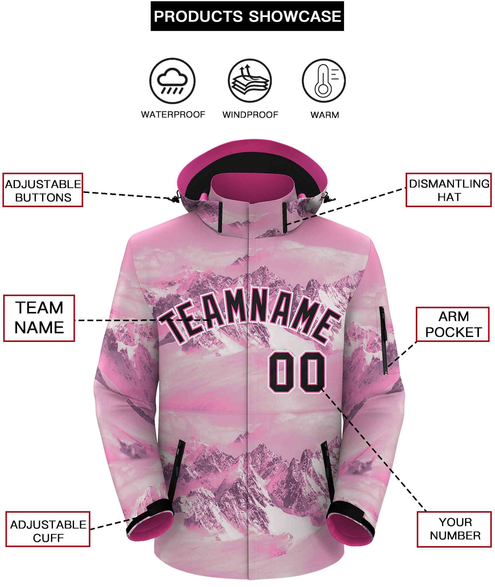 Custom Pink Black-White Graffiti Pattern Outdoor Personalized Waterproof Jacket for Climbing