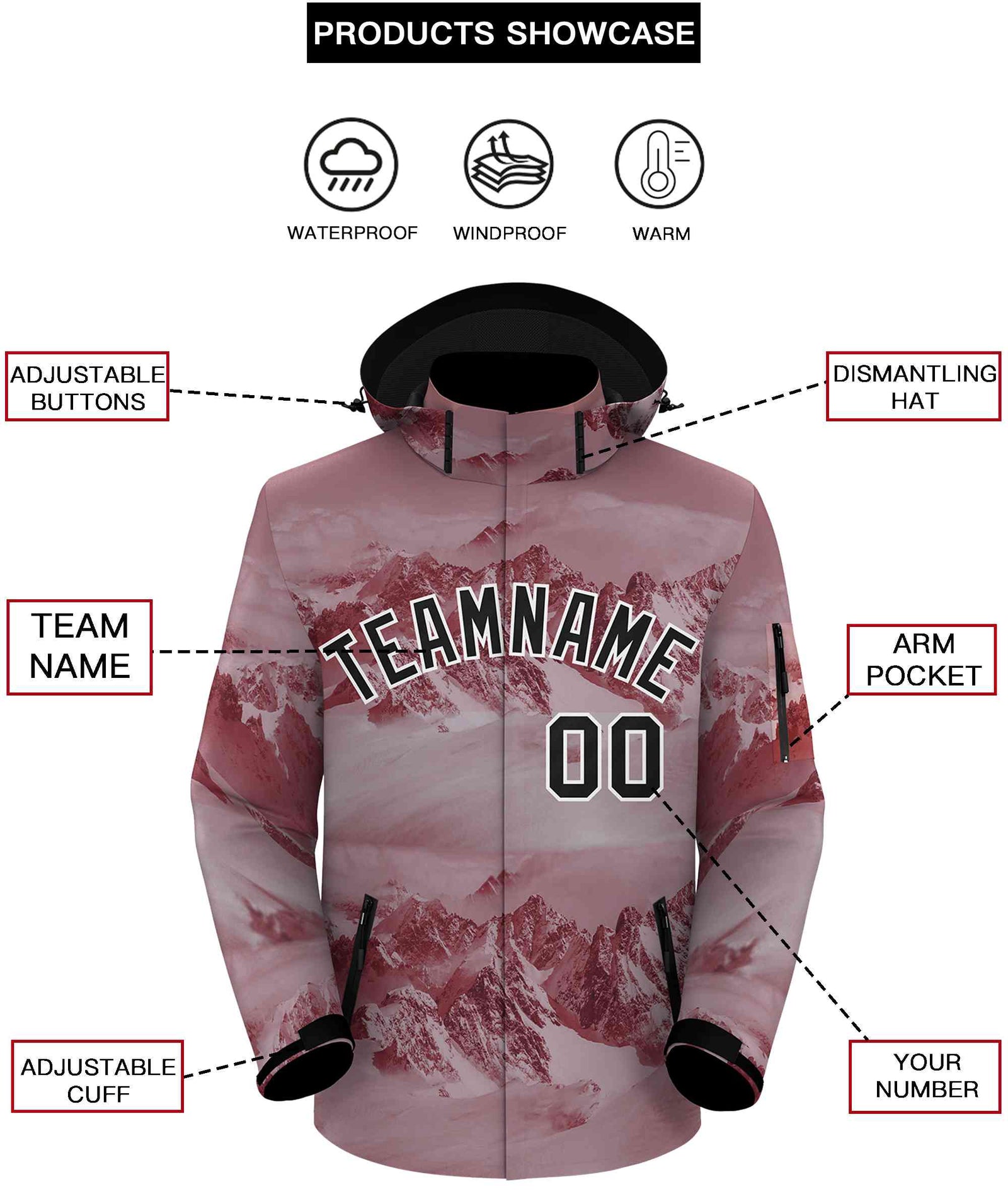 Custom Crimson Black-White Graffiti Pattern Outdoor Personalized Waterproof Jacket for Climbing