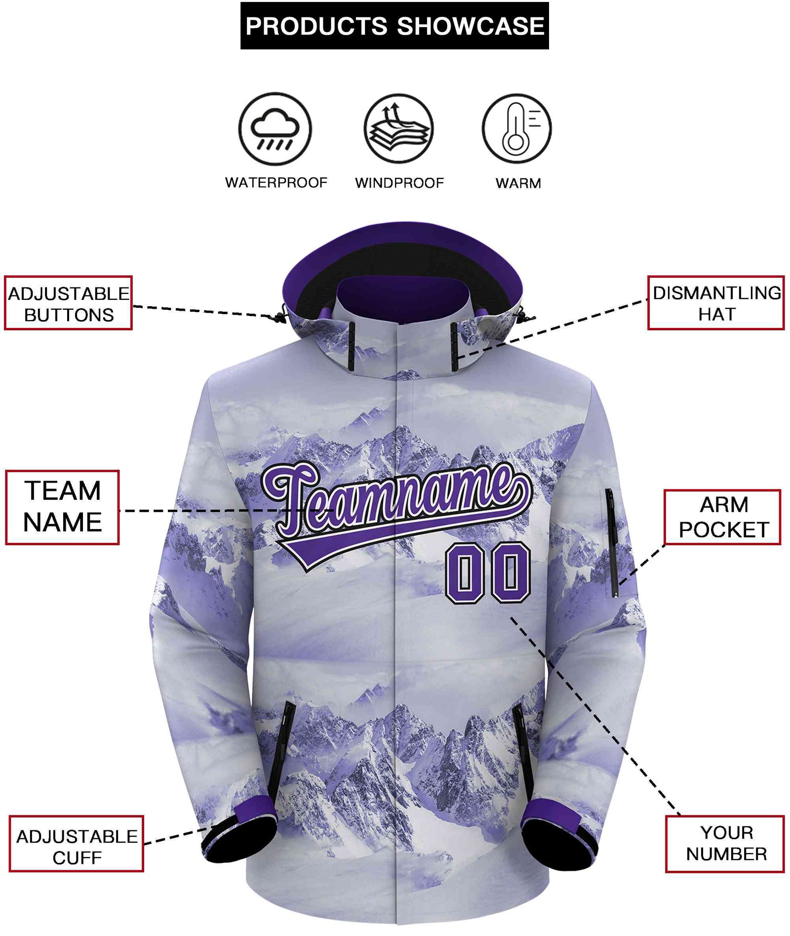 Custom Purple White-Black Graffiti Pattern Outdoor Personalized Waterproof Jacket for Climbing