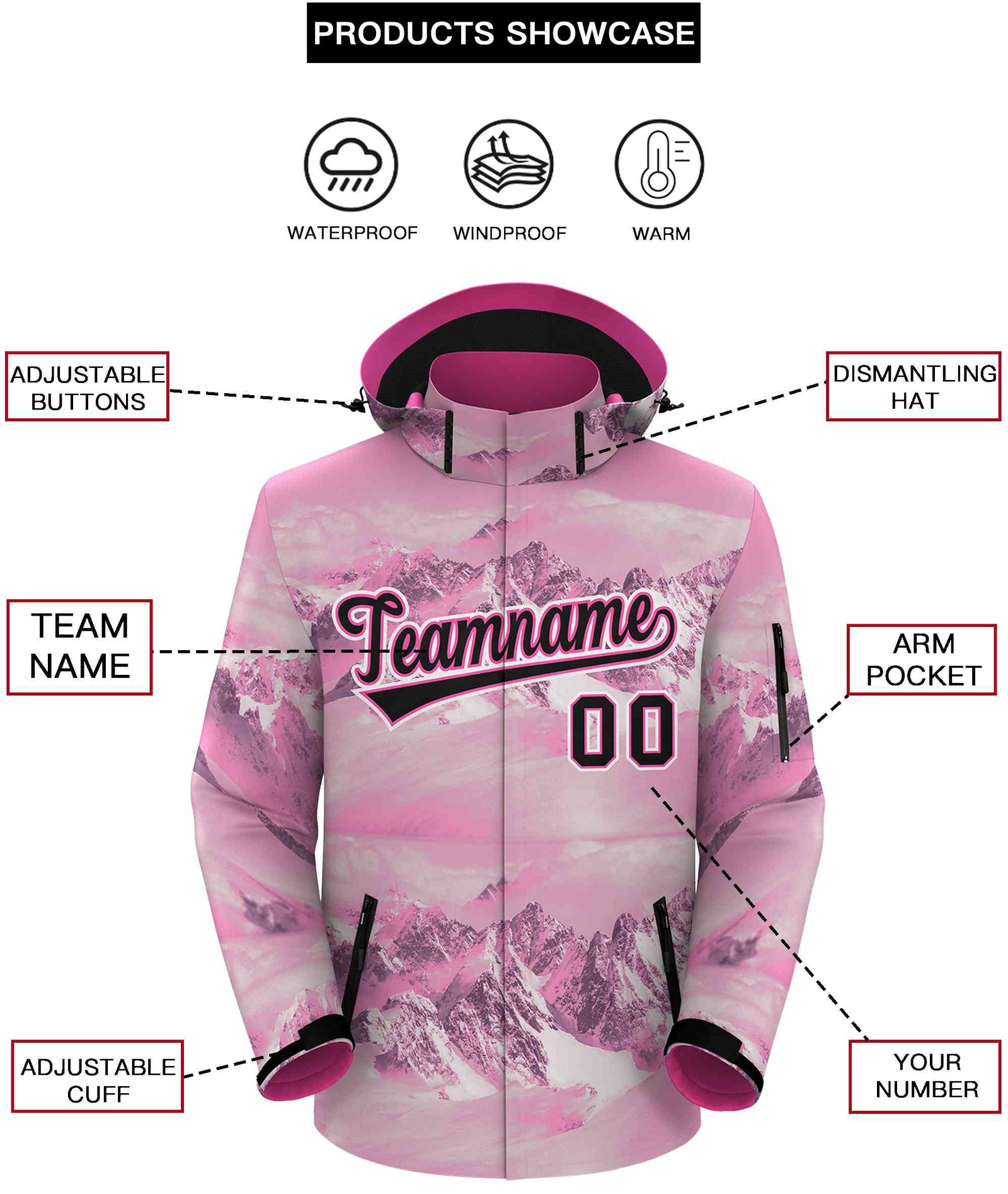 Custom Pink Black-White Graffiti Pattern Outdoor Personalized Waterproof Jacket for Climbing