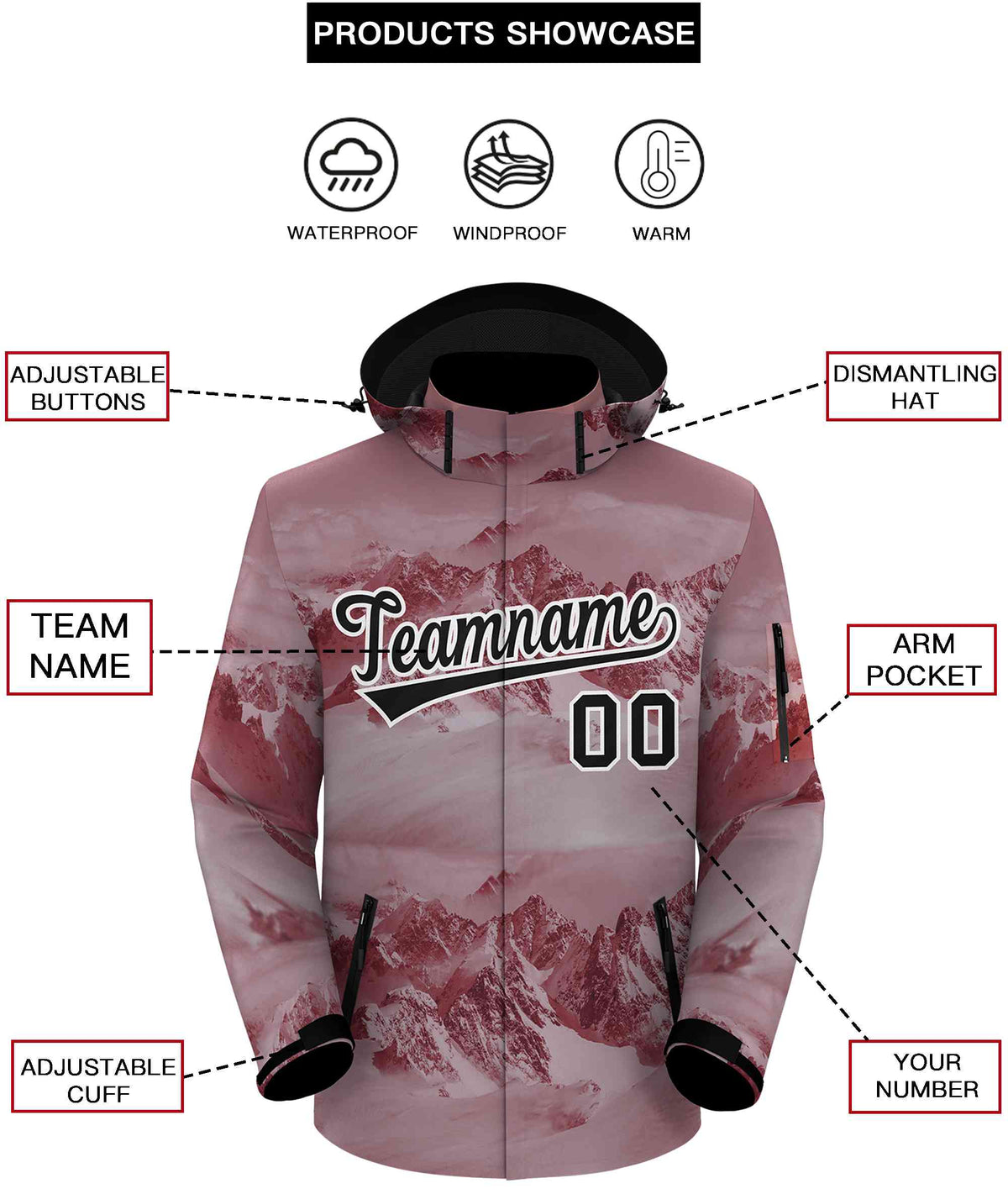 Custom Crimson Black-White Graffiti Pattern Outdoor Personalized Waterproof Jacket for Climbing
