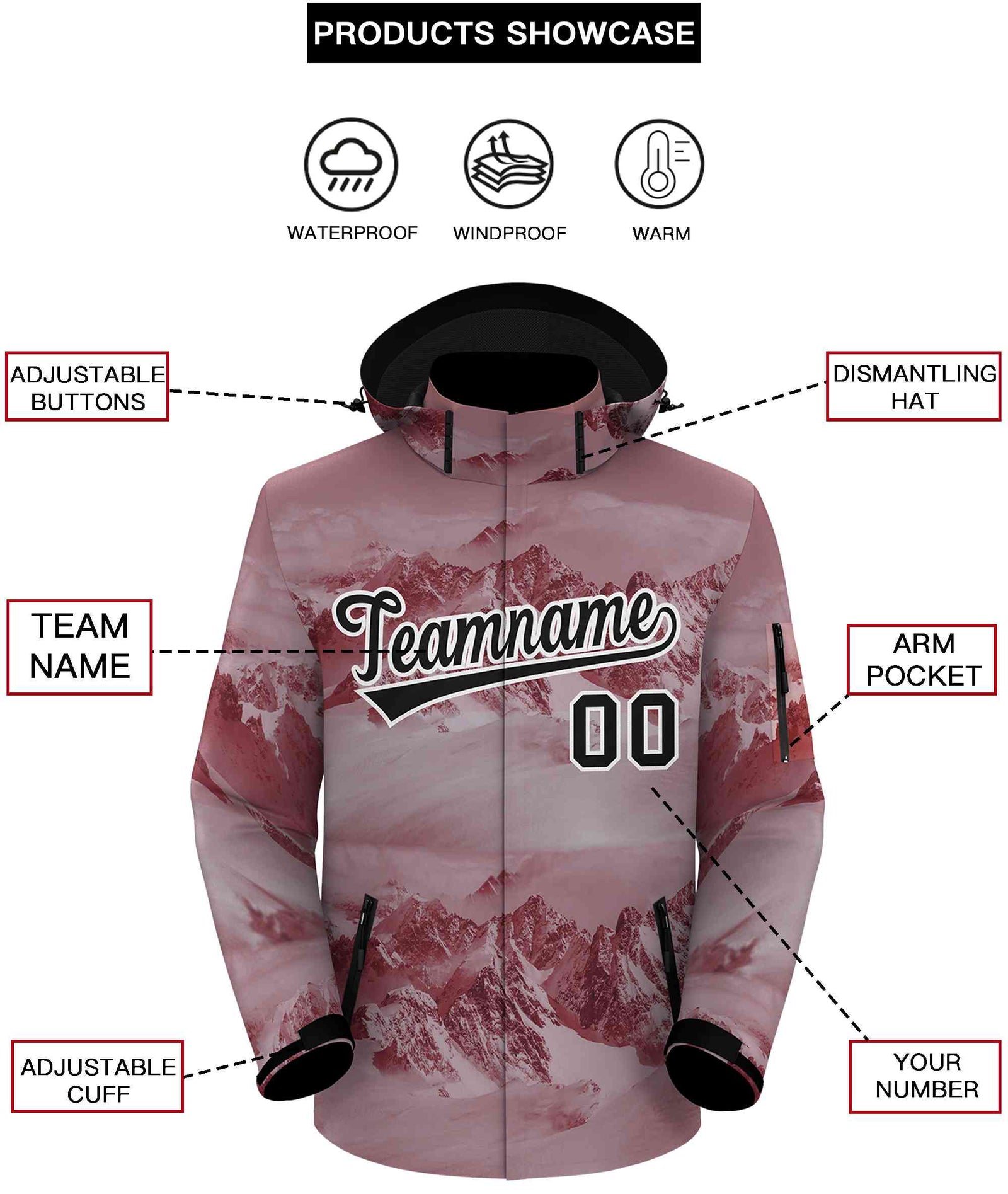 Custom Crimson Black-White Graffiti Pattern Outdoor Personalized Waterproof Jacket for Climbing