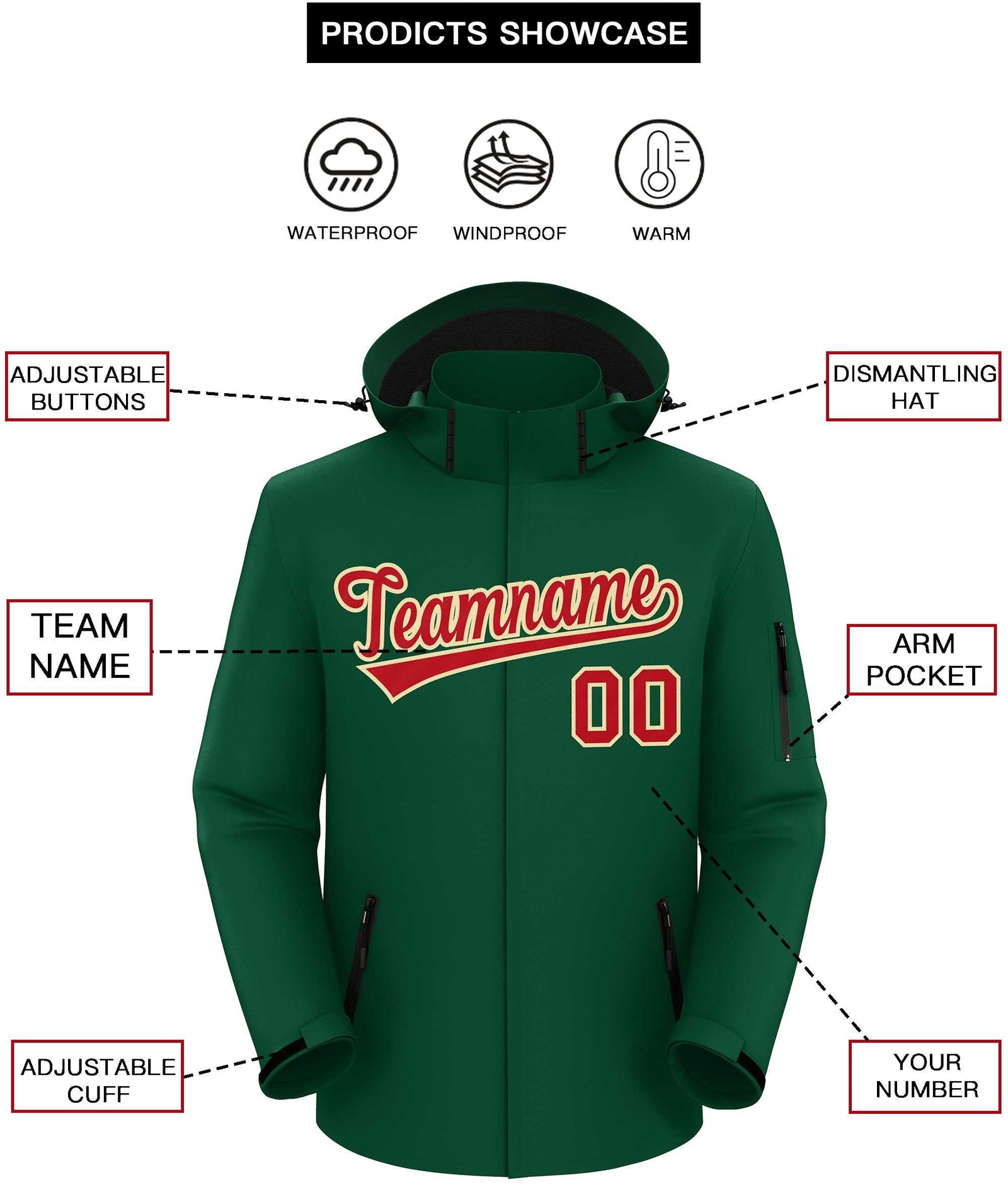 Custom Green Red-Khaki Classic Style Waterproof Jacket