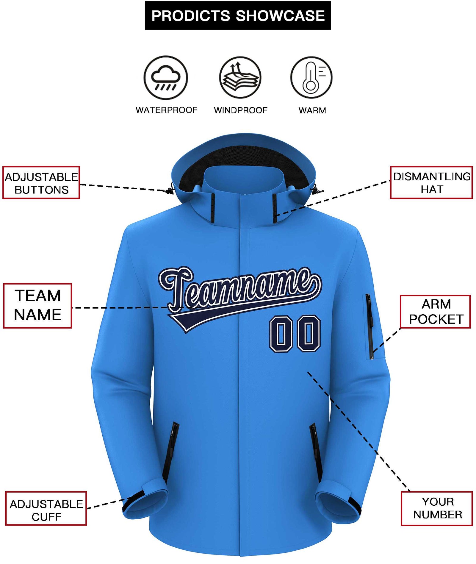 Custom Powder Blue Navy-Navy Classic Style Waterproof Jacket