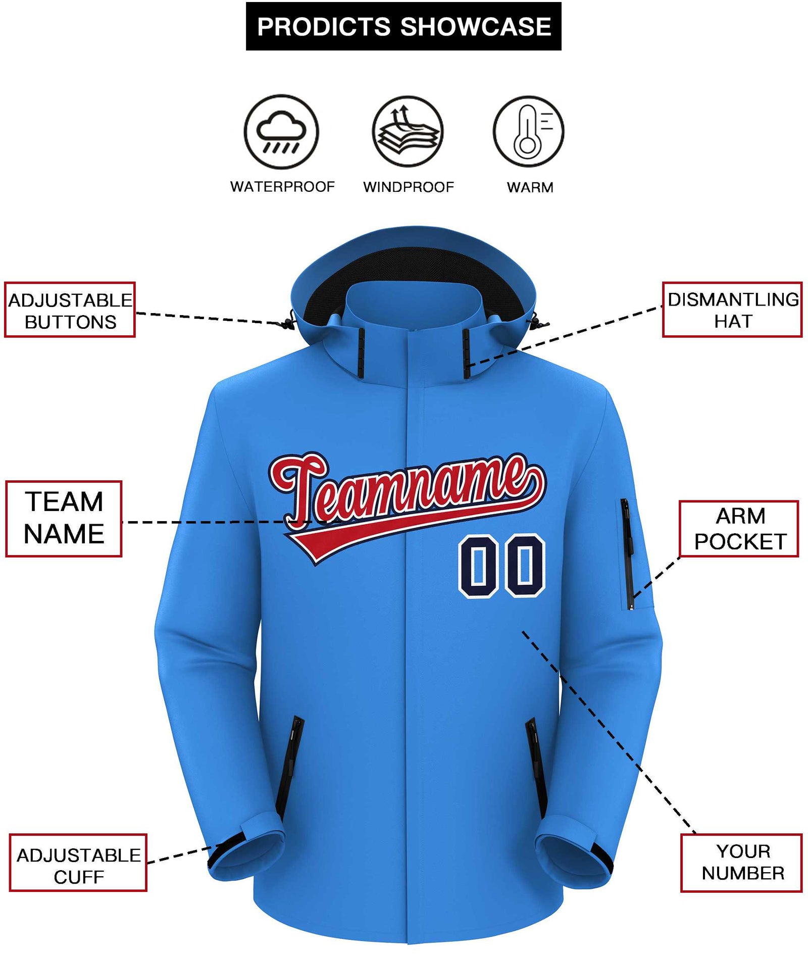 Custom Powder Blue Red-Navy Classic Style Waterproof Jacket