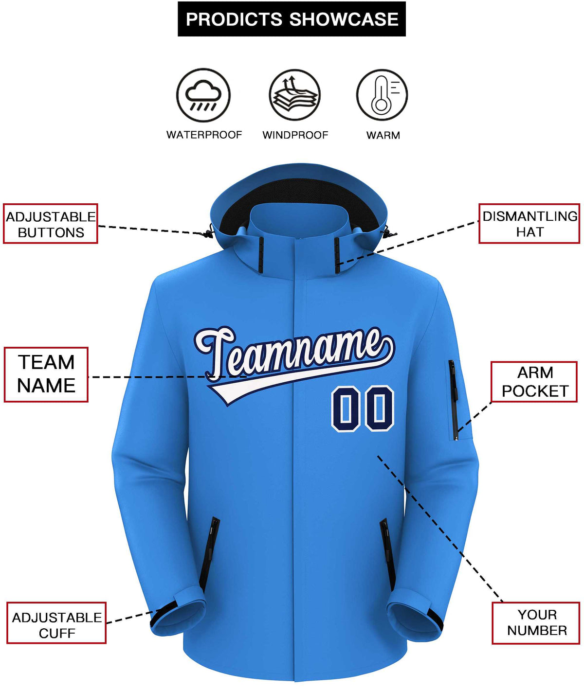 Custom Powder Blue White-Navy Classic Style Waterproof Jacket