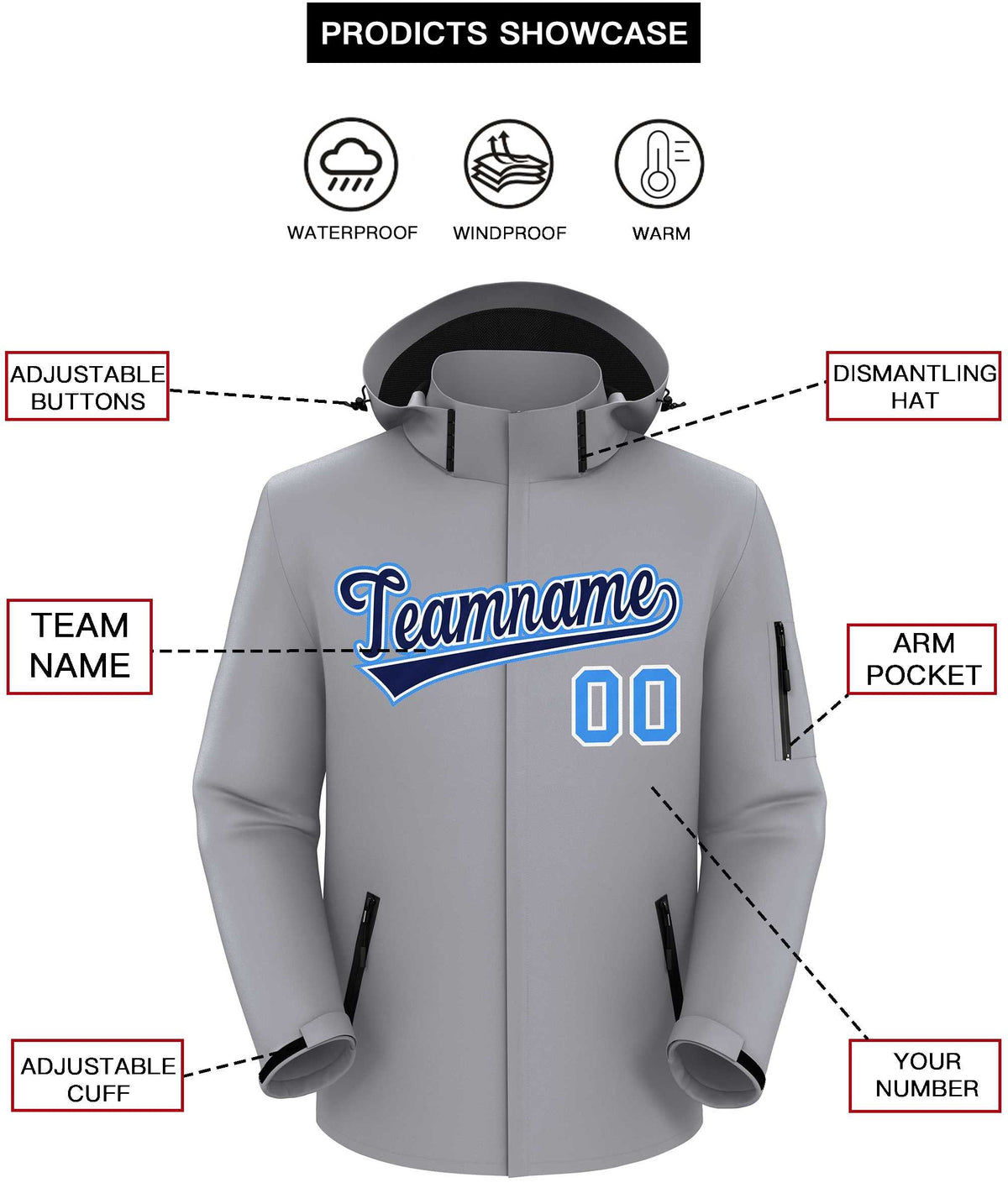 Custom Gray Navy-Powder Blue Classic Style Waterproof Jacket