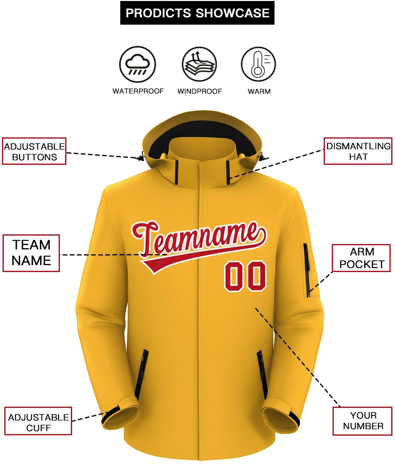 Custom Gold Red-White Classic Style Waterproof Jacket