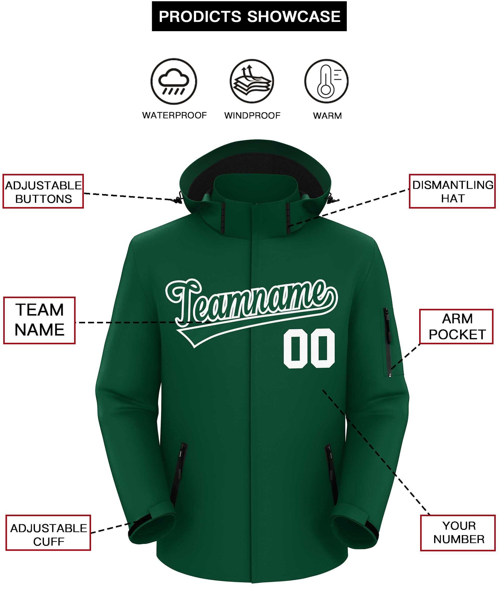 Custom Green Green-White Classic Style Waterproof Jacket