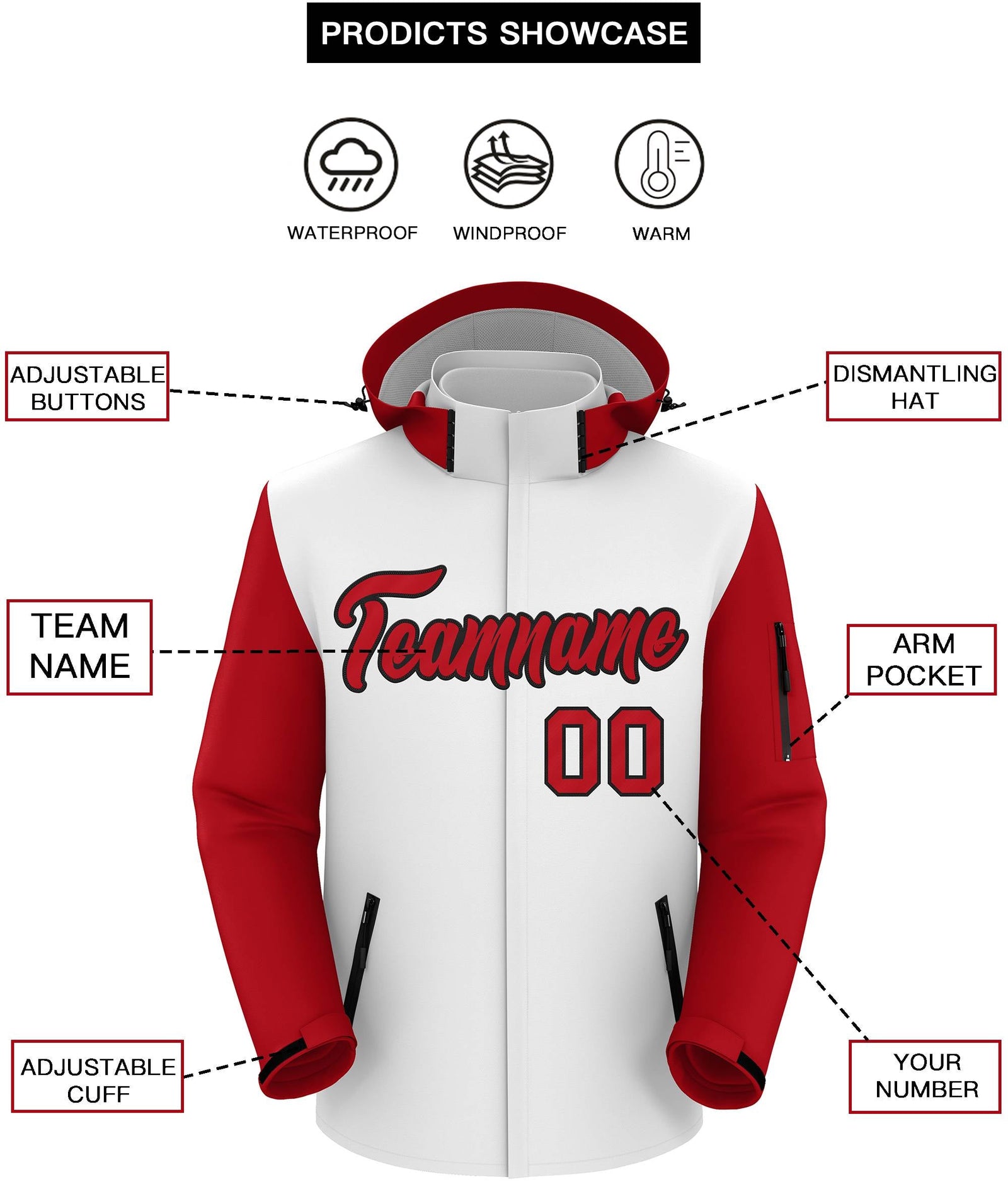 Custom White Red-Black Raglan Sleeves Waterproof Jacket