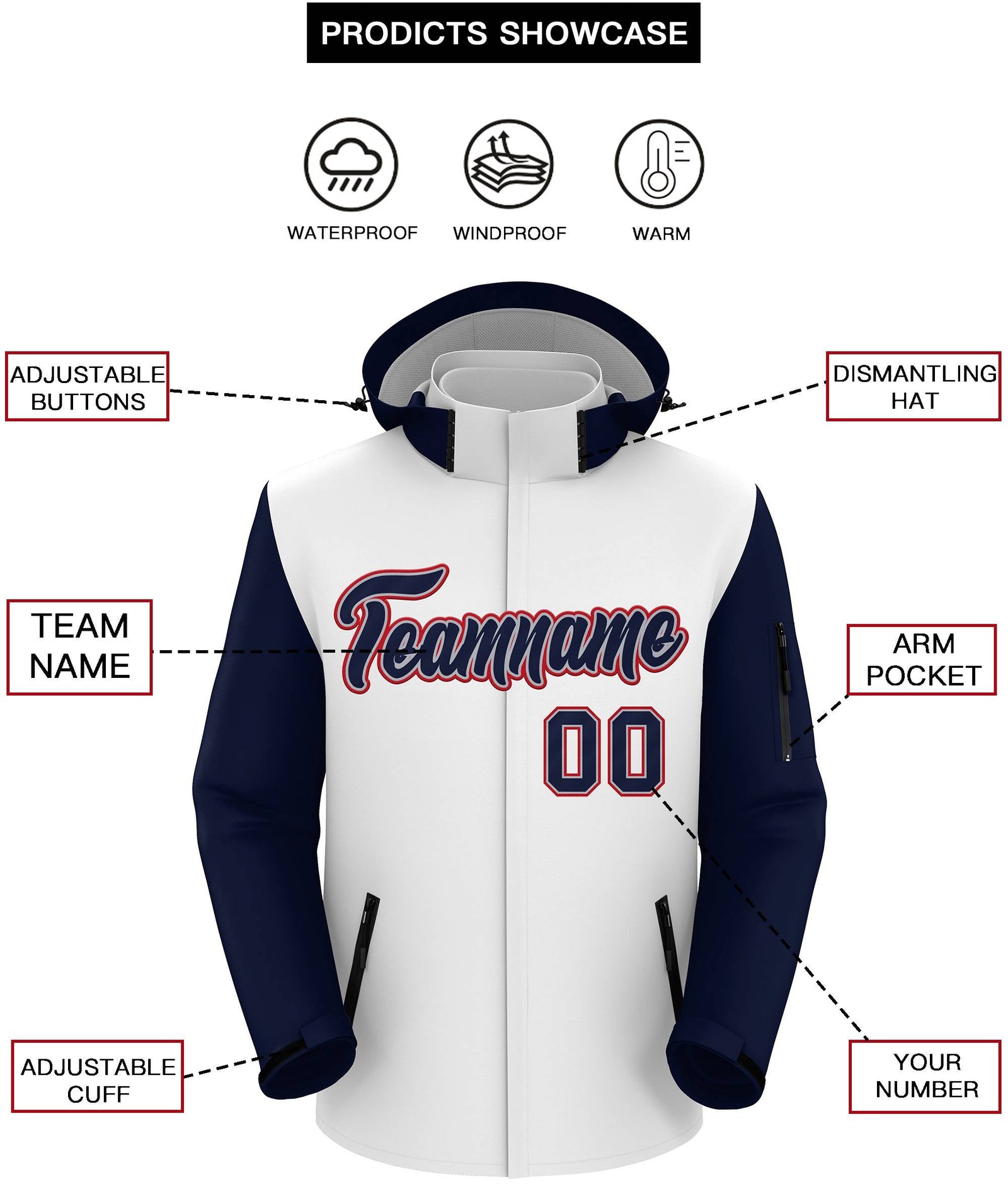 Custom White Navy-Red Raglan Sleeves Waterproof Jacket