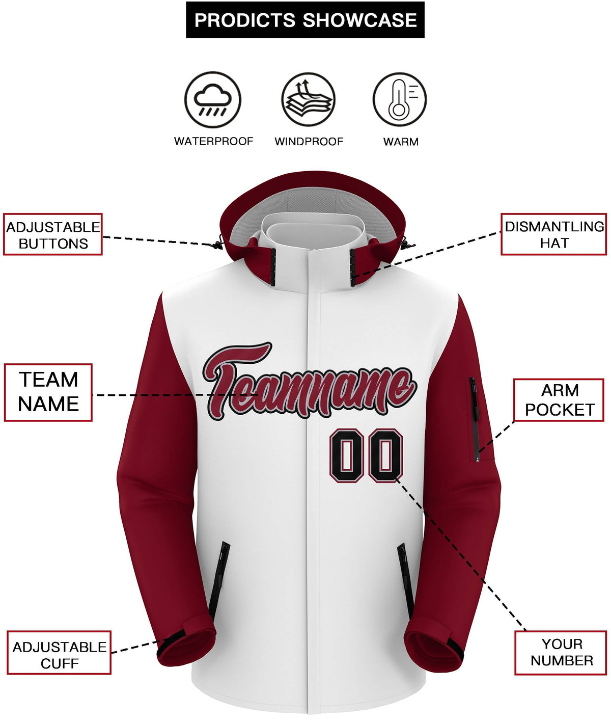 Custom White Crimson-Black Raglan Sleeves Waterproof Jacket
