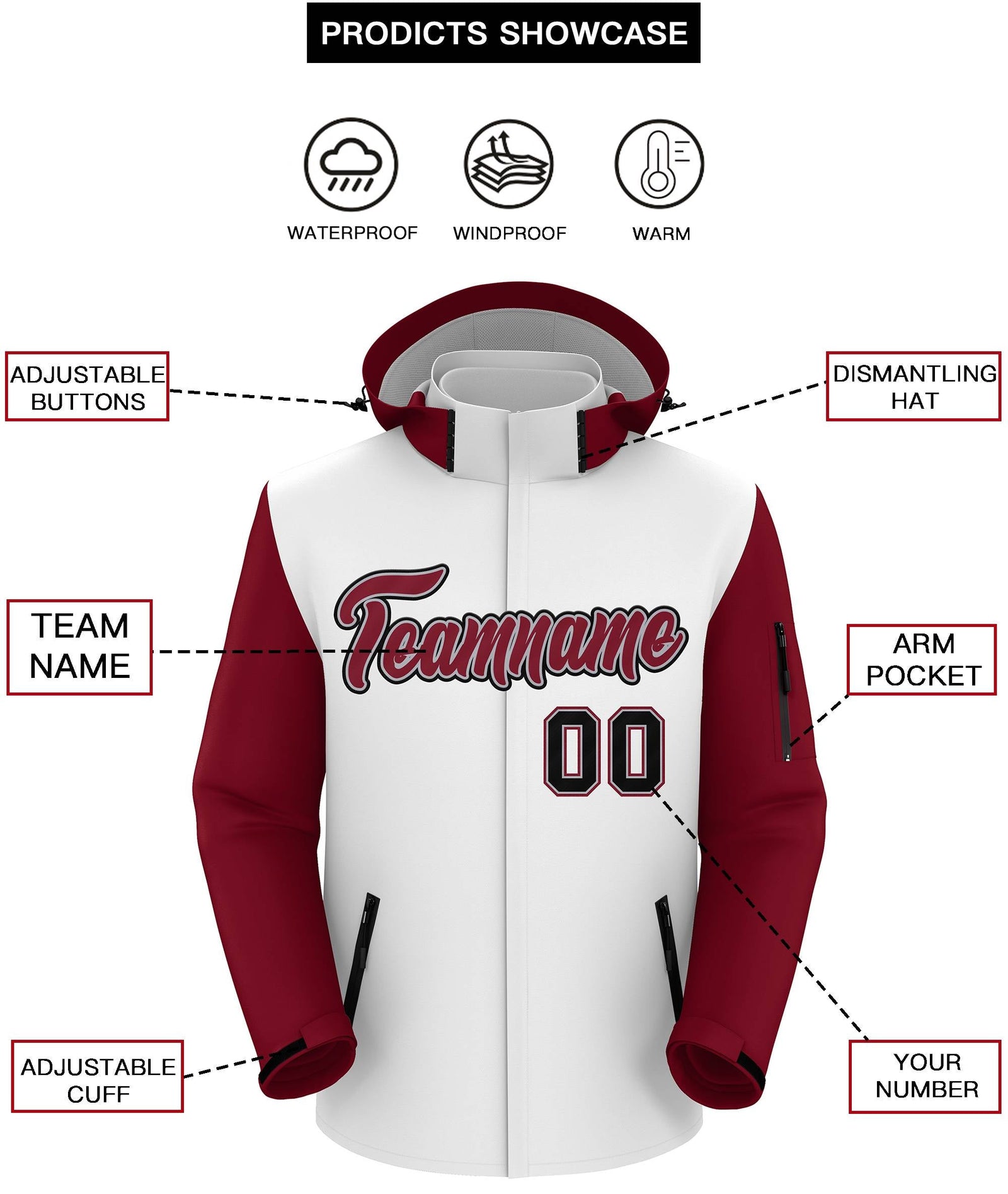 Custom White Crimson-Black Raglan Sleeves Waterproof Jacket