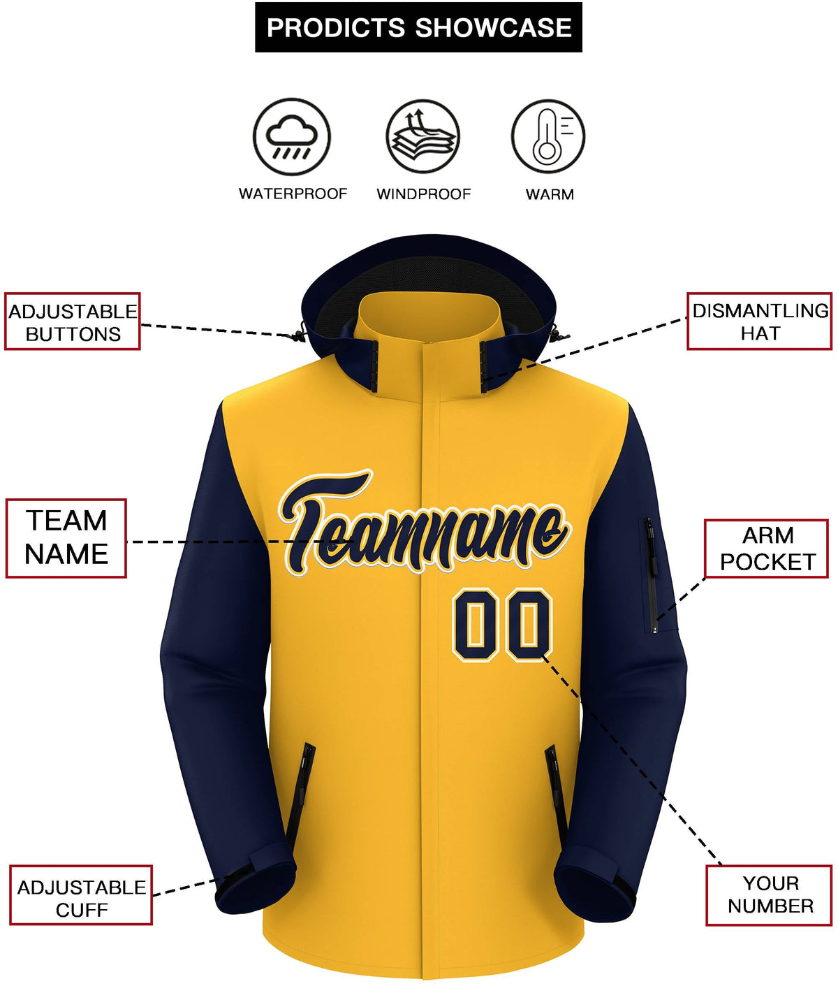 Custom Gold Navy-White Raglan Sleeves Waterproof Jacket