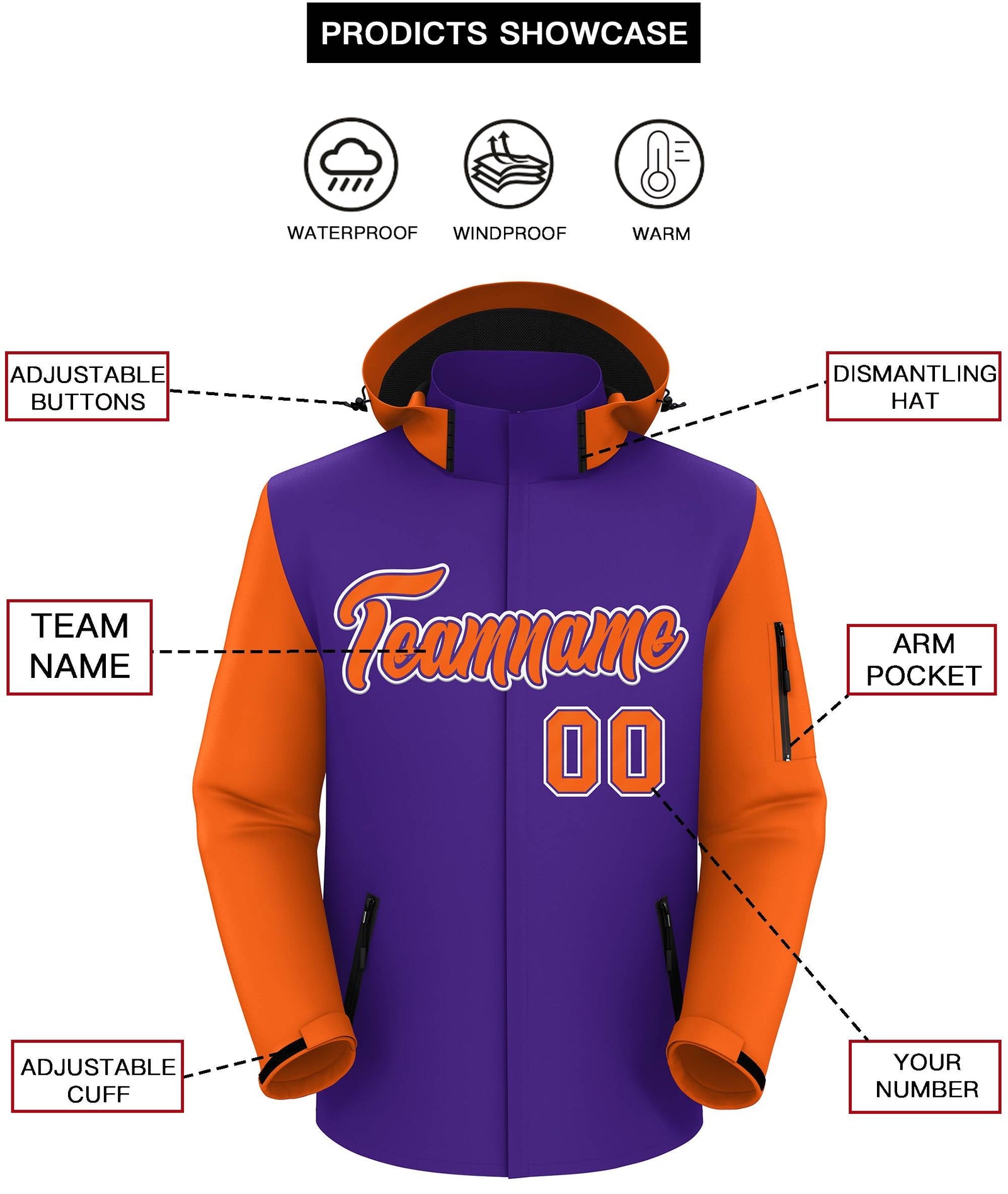 Custom Purple Orange-White Raglan Sleeves Waterproof Jacket